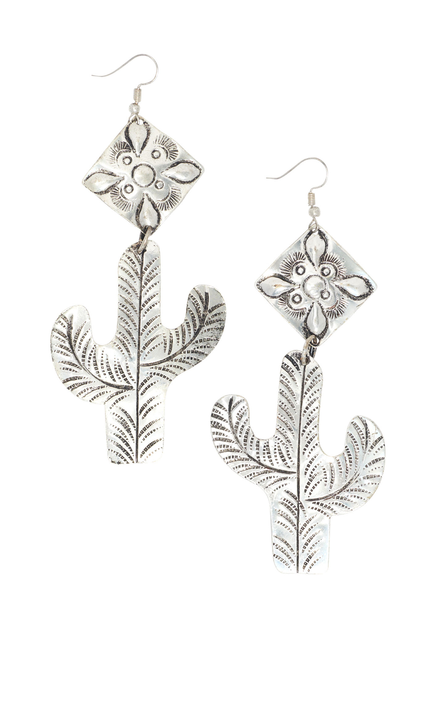 806 Silver Stamped Cactus & Diamond Shape Earrings - Image 1