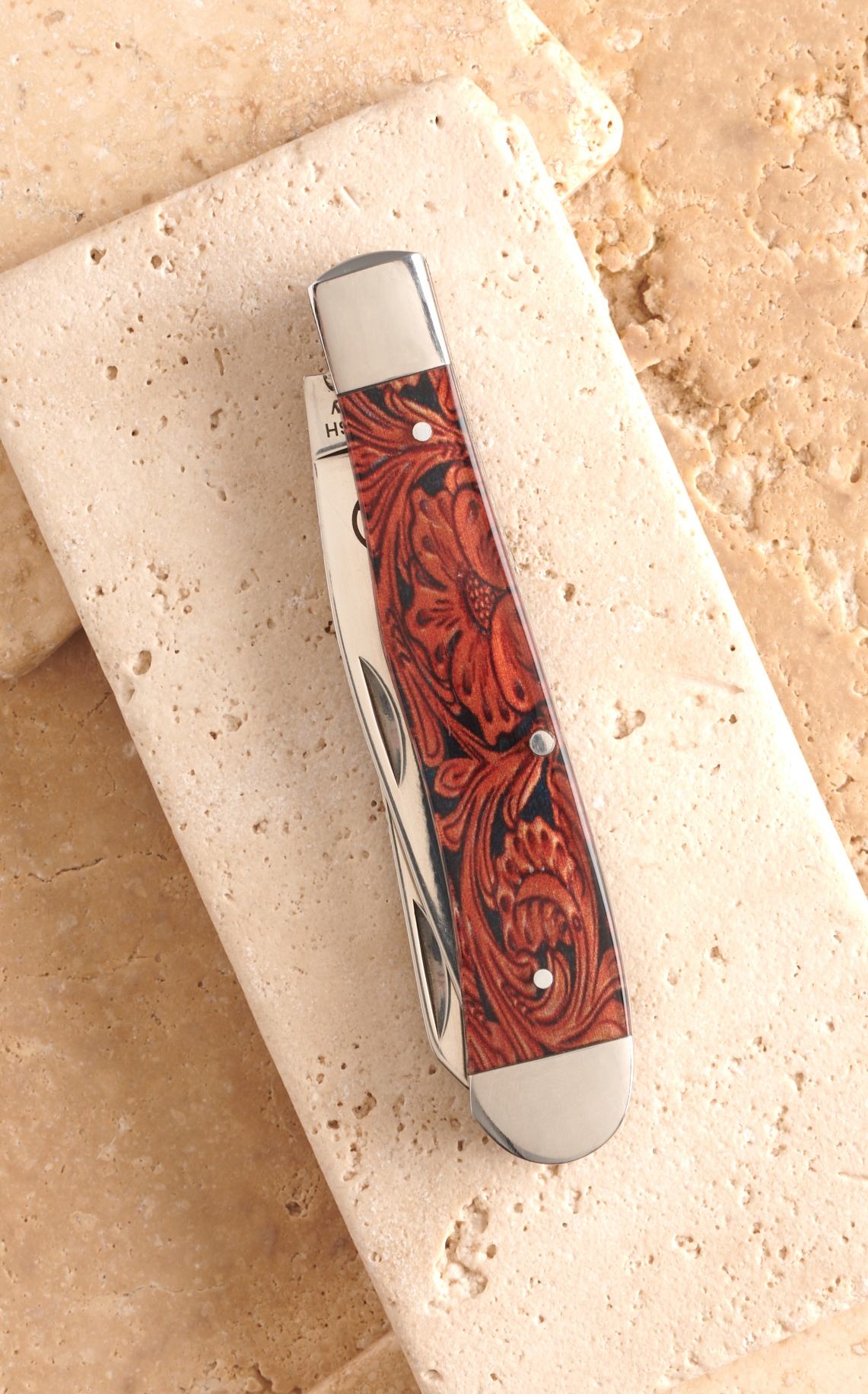 Circle SH Cutlery Acrylic Floral Tooled Leather Print Trapper Knife - Image 1