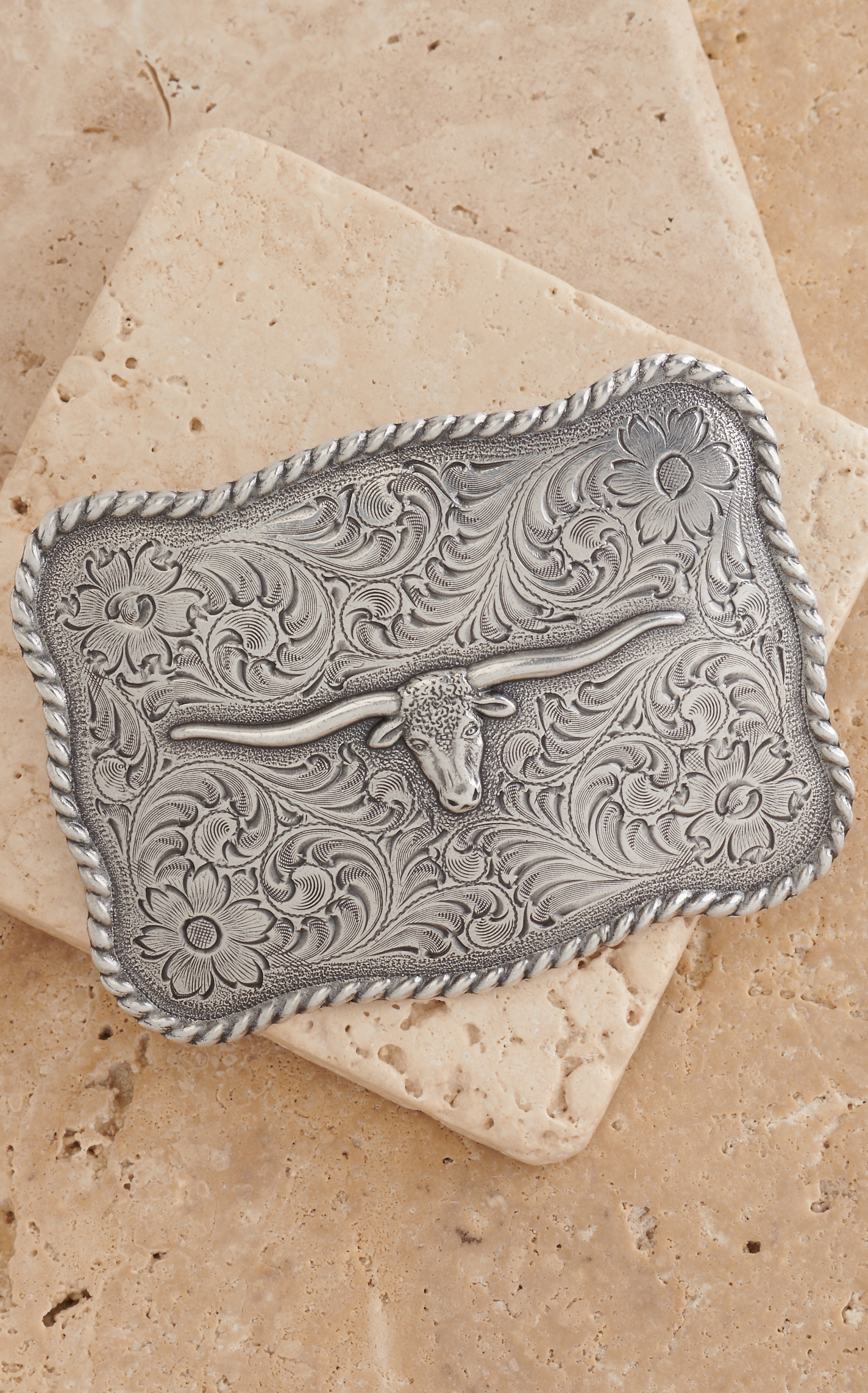 M&F Western Products Silver Longhorn Head Rectangle Scalloped Belt Buckle - Image 1