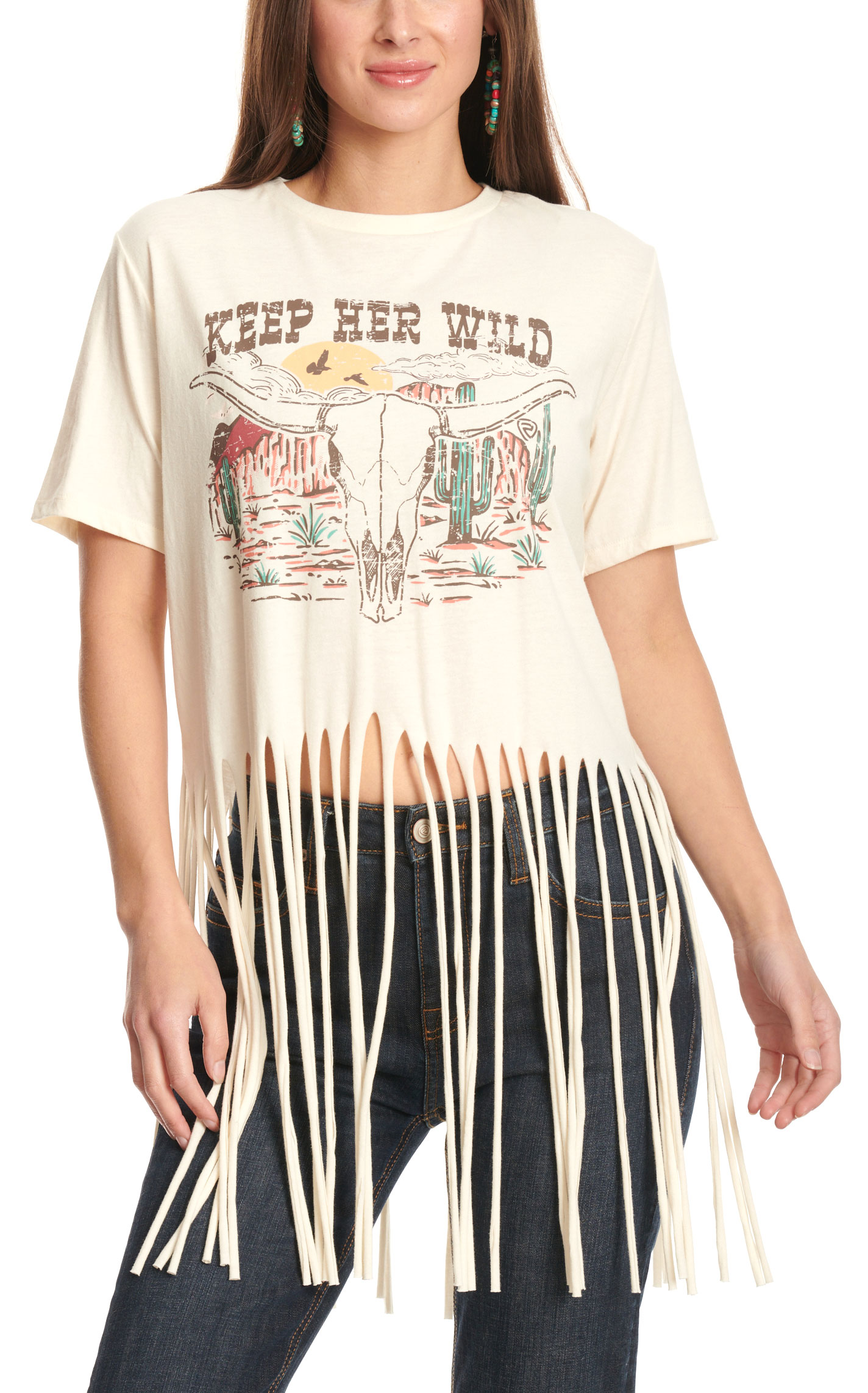 Rock & Roll Denim Women's Bone Keep Her Wild Graphic Fringed T-Shirt - Image 1