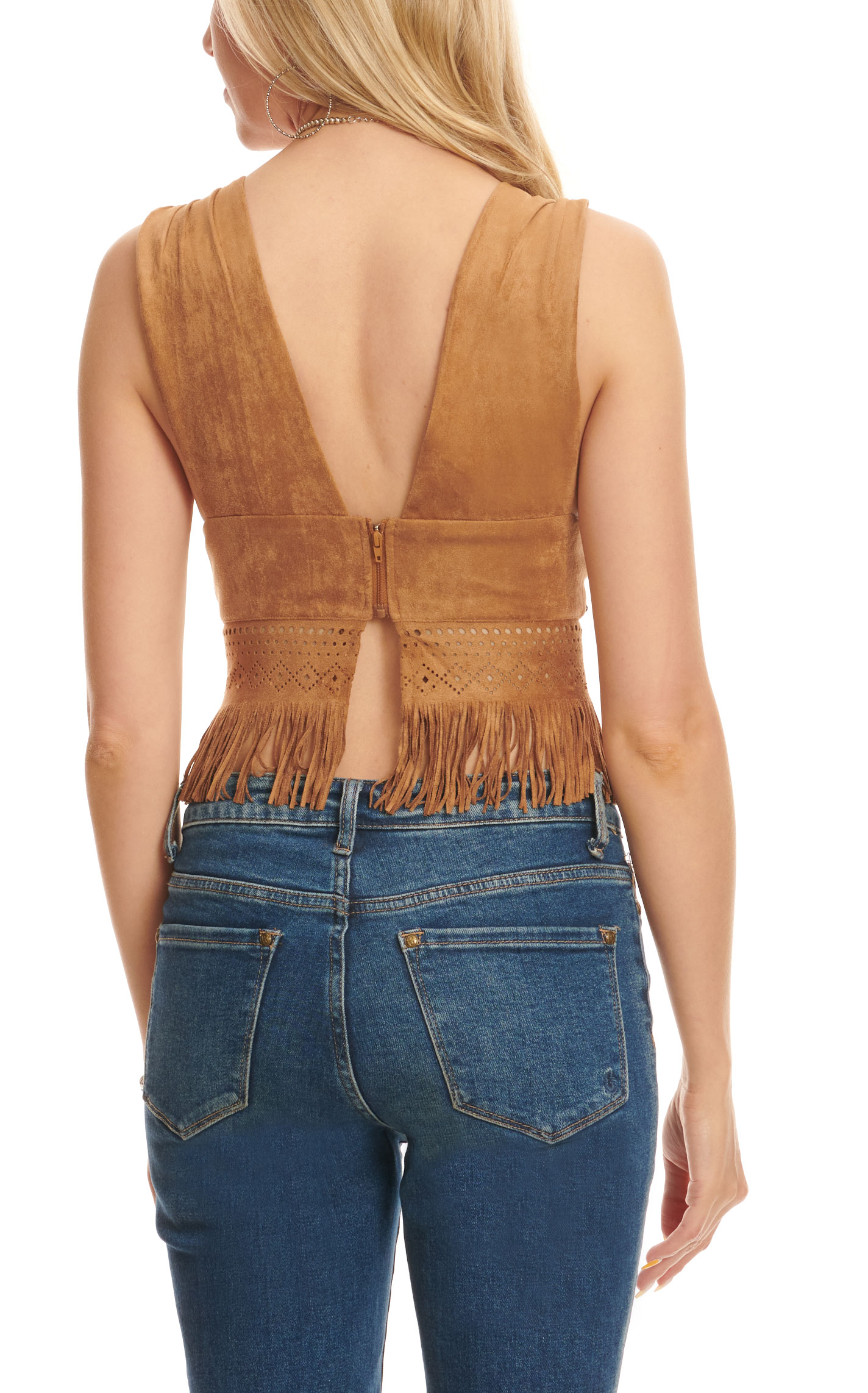 Blue B Women's Rich Caramel Double Deep V-Neck Sleeveless Fringed & Studded Faux Suede Top - Image 1
