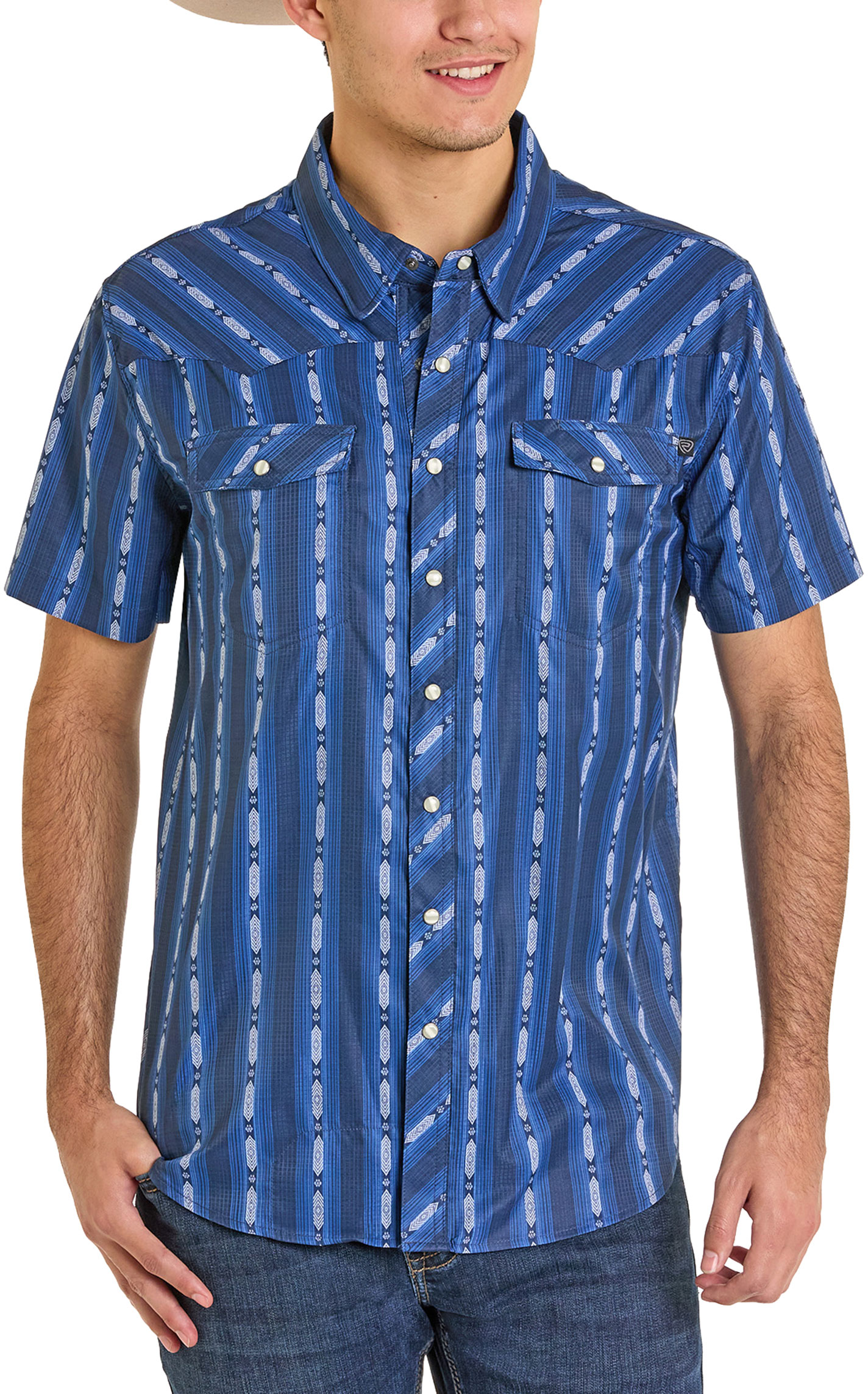 Rock & Roll Denim Men's Blue & Multi Geo Print Western Shirt - Image 1