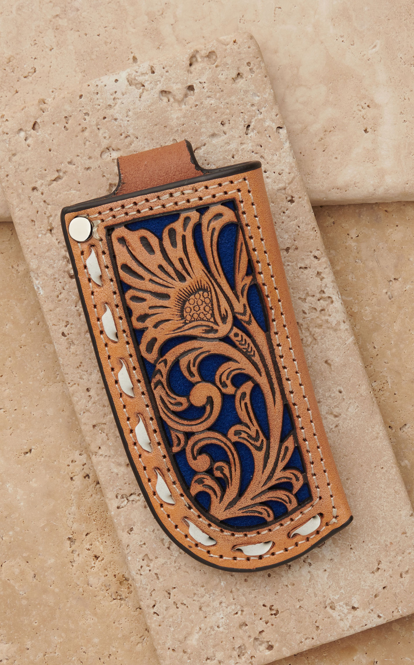 Nocona Tan Floral Tooled Leather and Royal Blue Inlay Knife Sheath - Image 1
