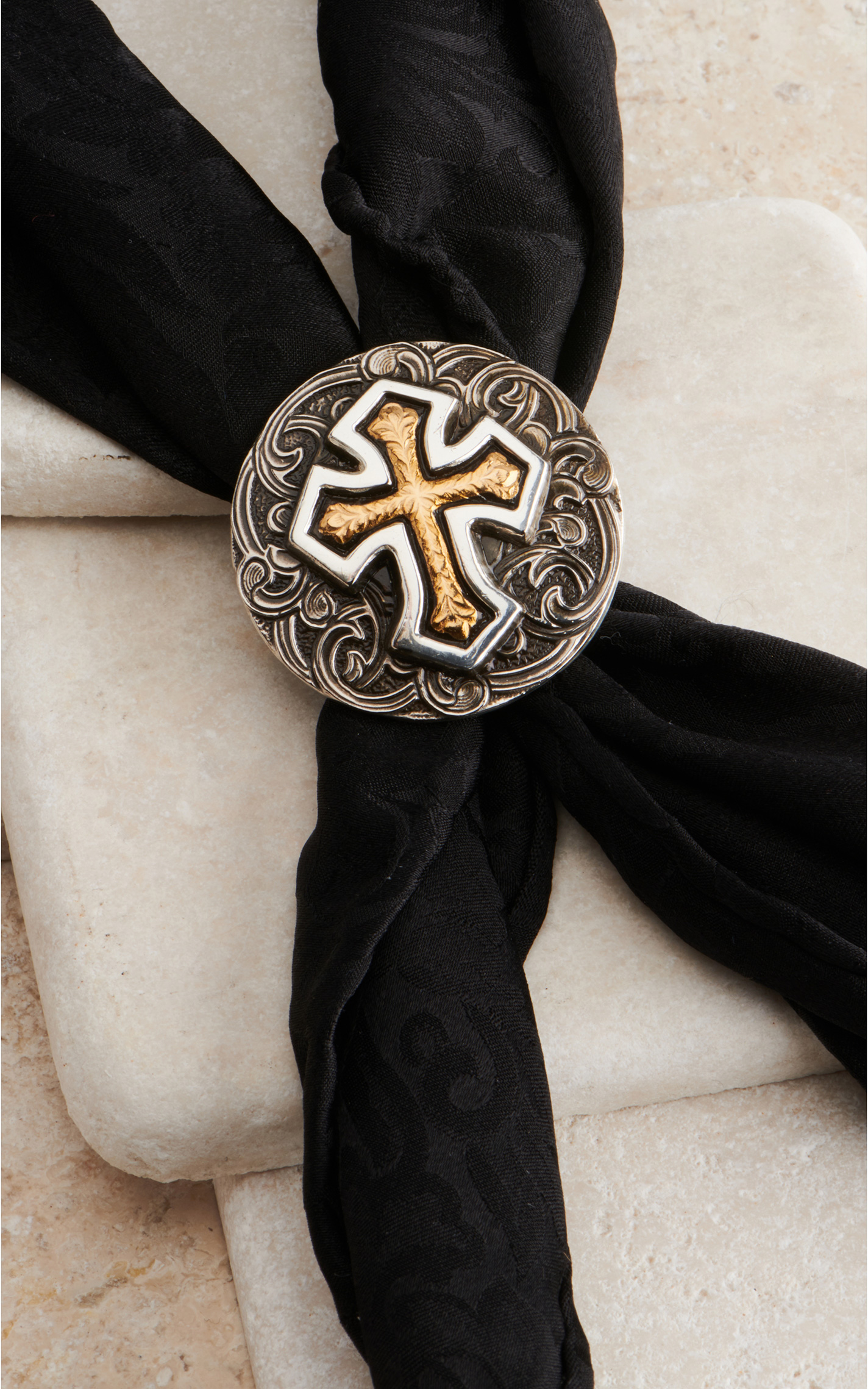 M&F Western Silver Filigree with Gold Raised Cross Scarf Slide - Image 1