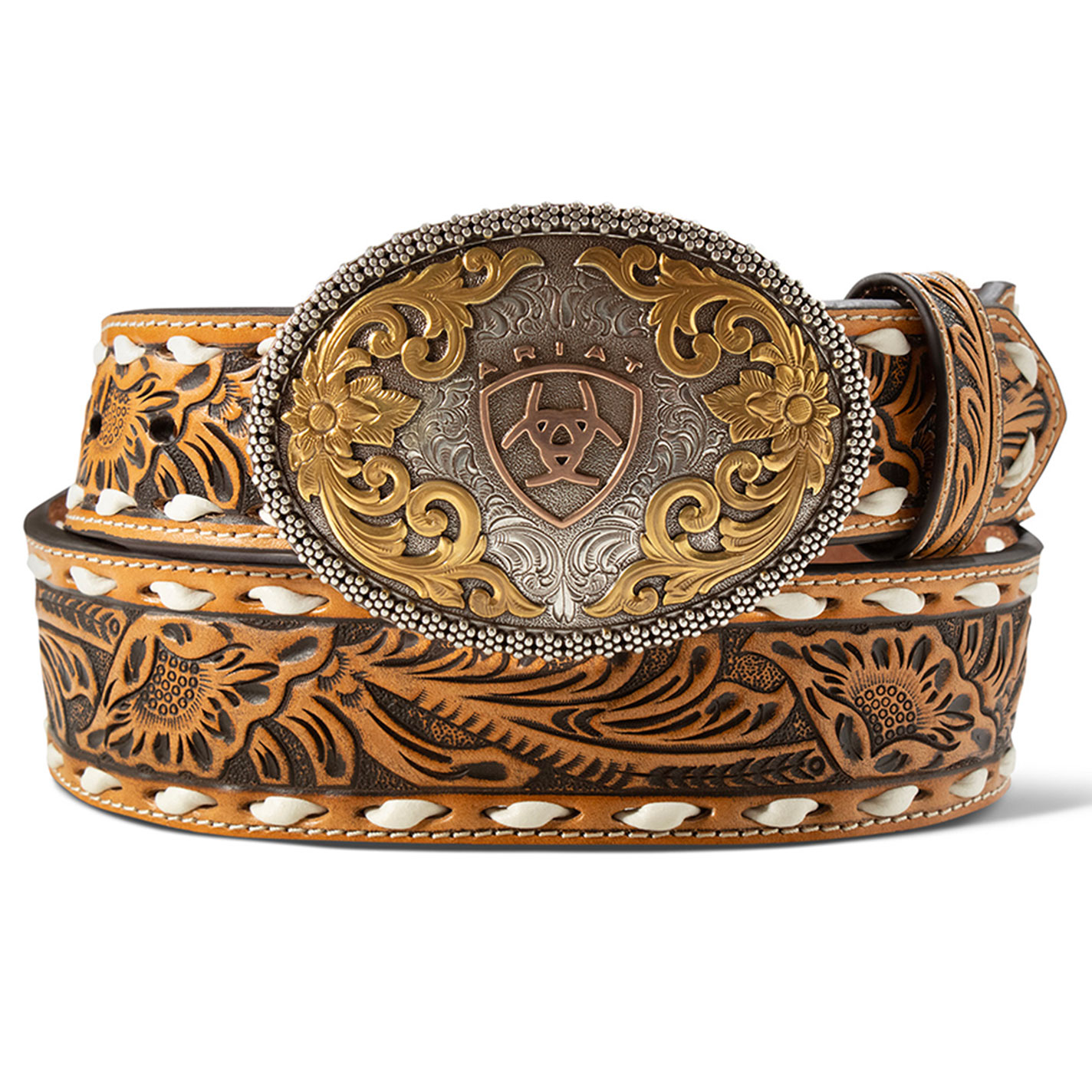 Ariat Men's Etched Oval Buckle Brown Leather Floral Tooled Belt - Image 1