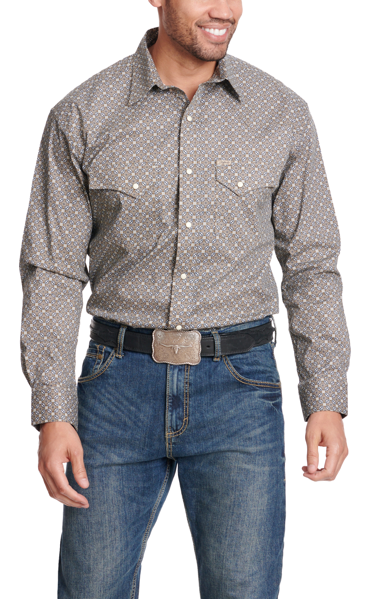 Rafter C Men's ProFlex45 Toasted Olive Floral Geo Print Stretch Western Shirt - Image 1