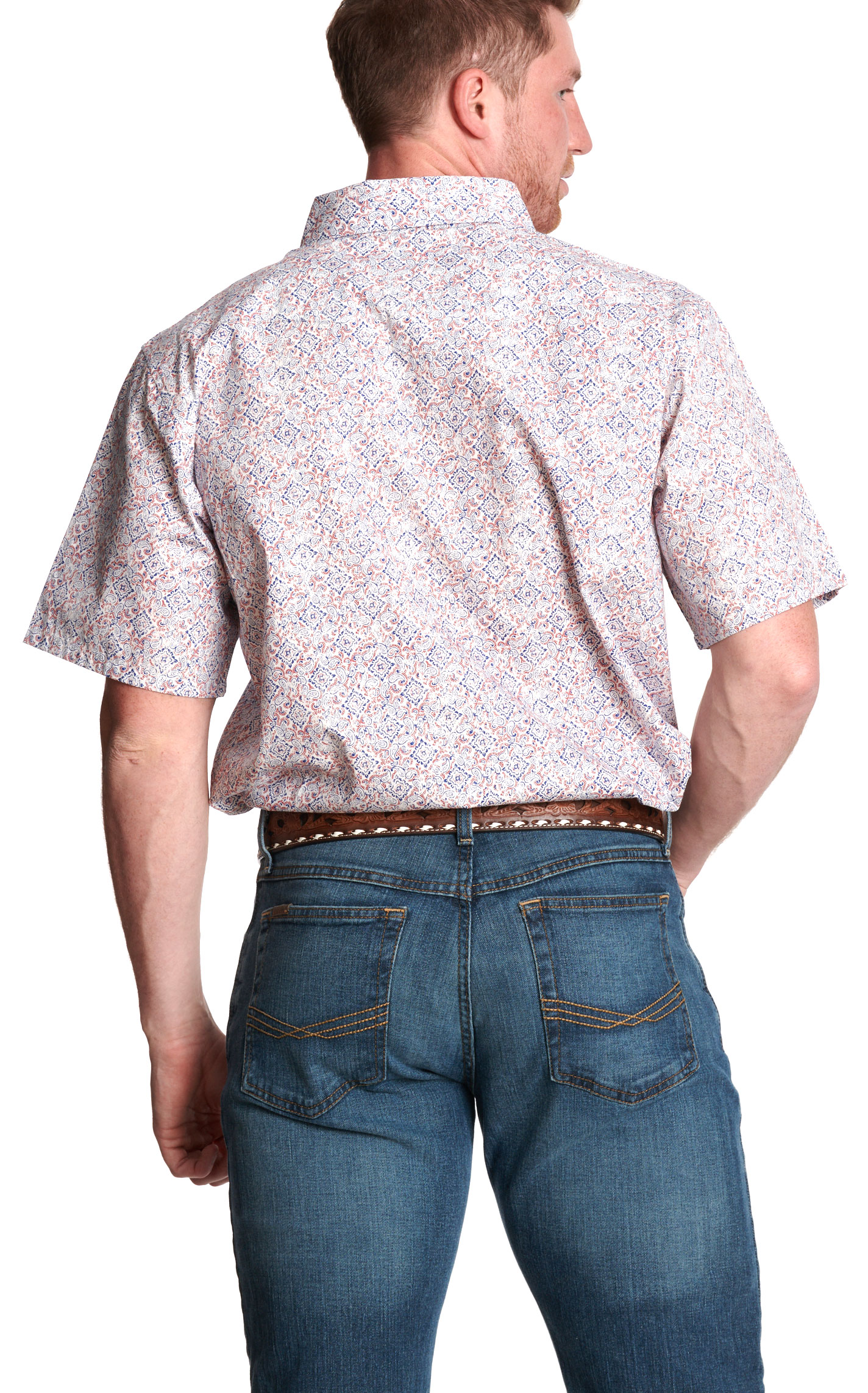 Panhandle Slim Men's White Red & Blue Geo Print Short Sleeve Western Shirt - Image 1