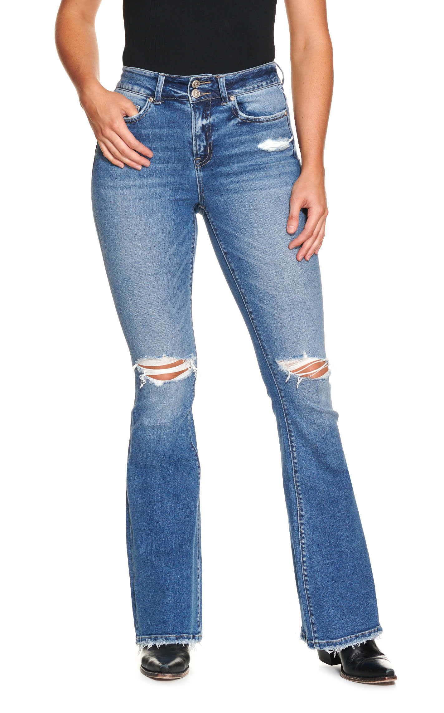 Rockin’ C Women’s Light Wash Distressed Double Button High Rise Flare Jeans - Image 1