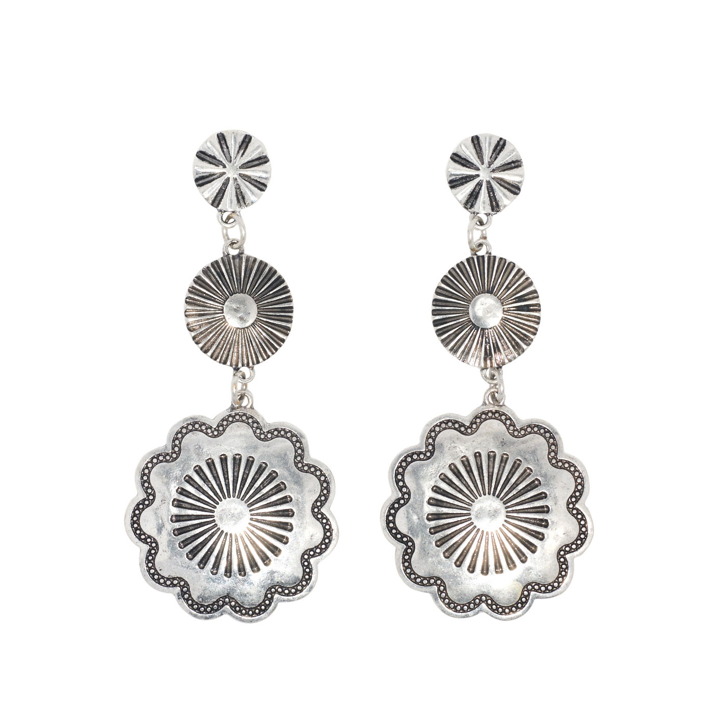 806 by Pink Panache Antique Silver 3 Concho Earrings - Image 1