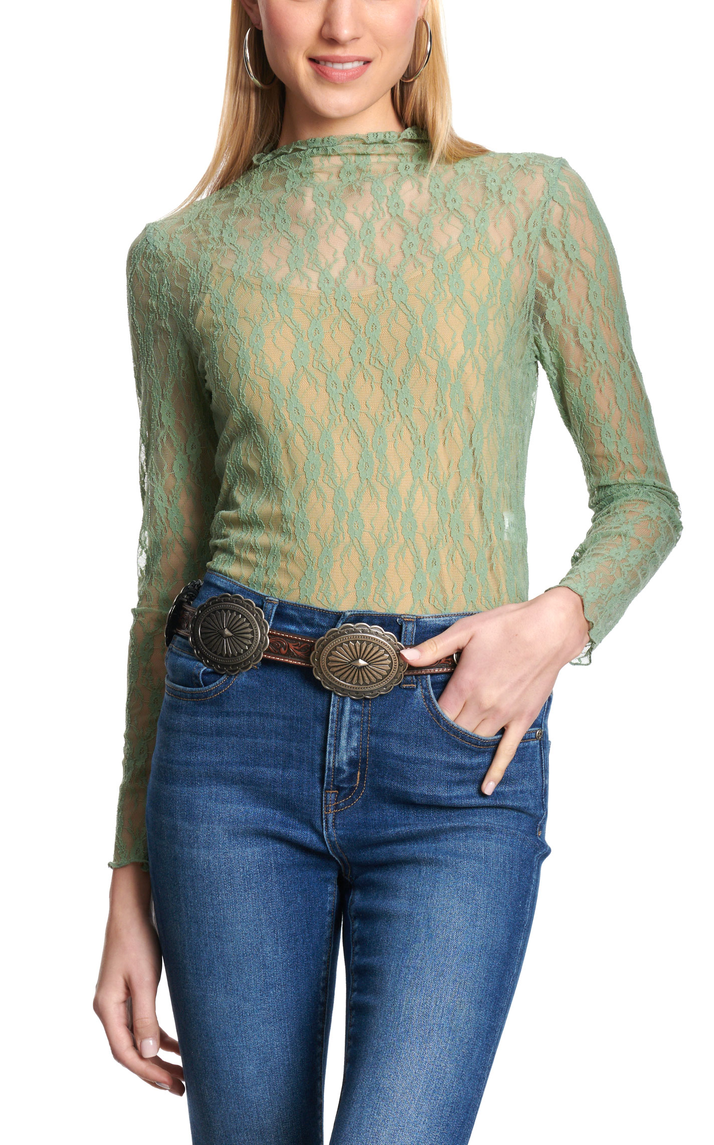 Moa Moa Women's Green Sheer Lace Long Sleeve Top - Image 1