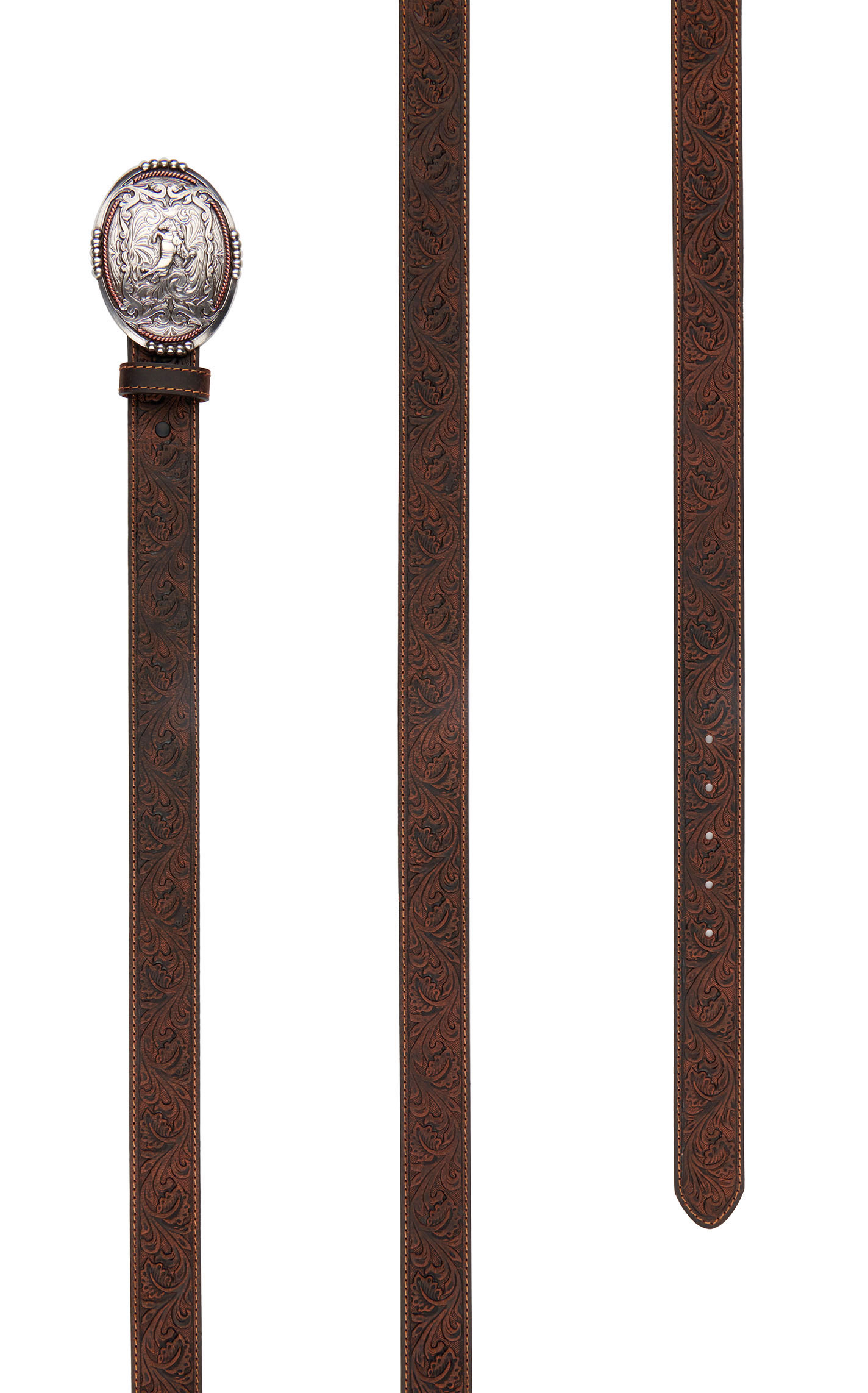AndWest Men's Brown Tooled with Silver Bronc Rider Buckle Western Belt - Image 1