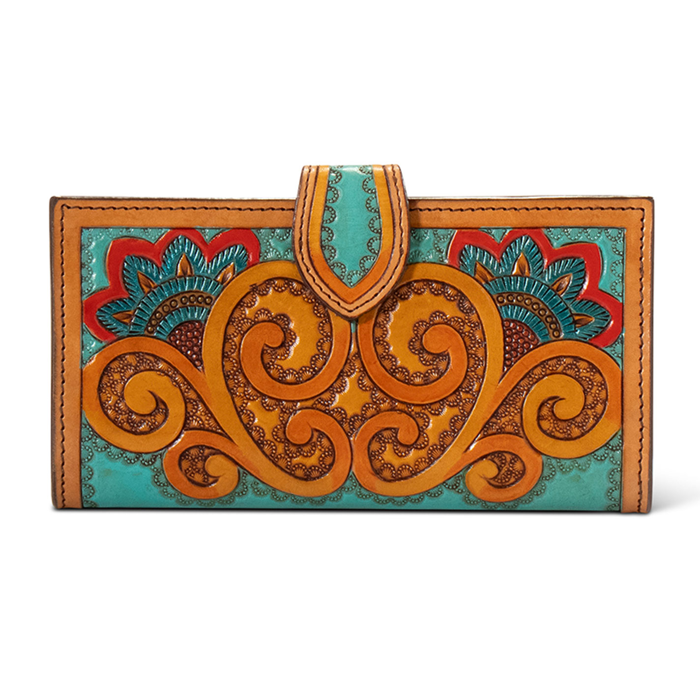 Ariat Bright Hand-Tooled Floral Paisley Leather Wallet - Image 1