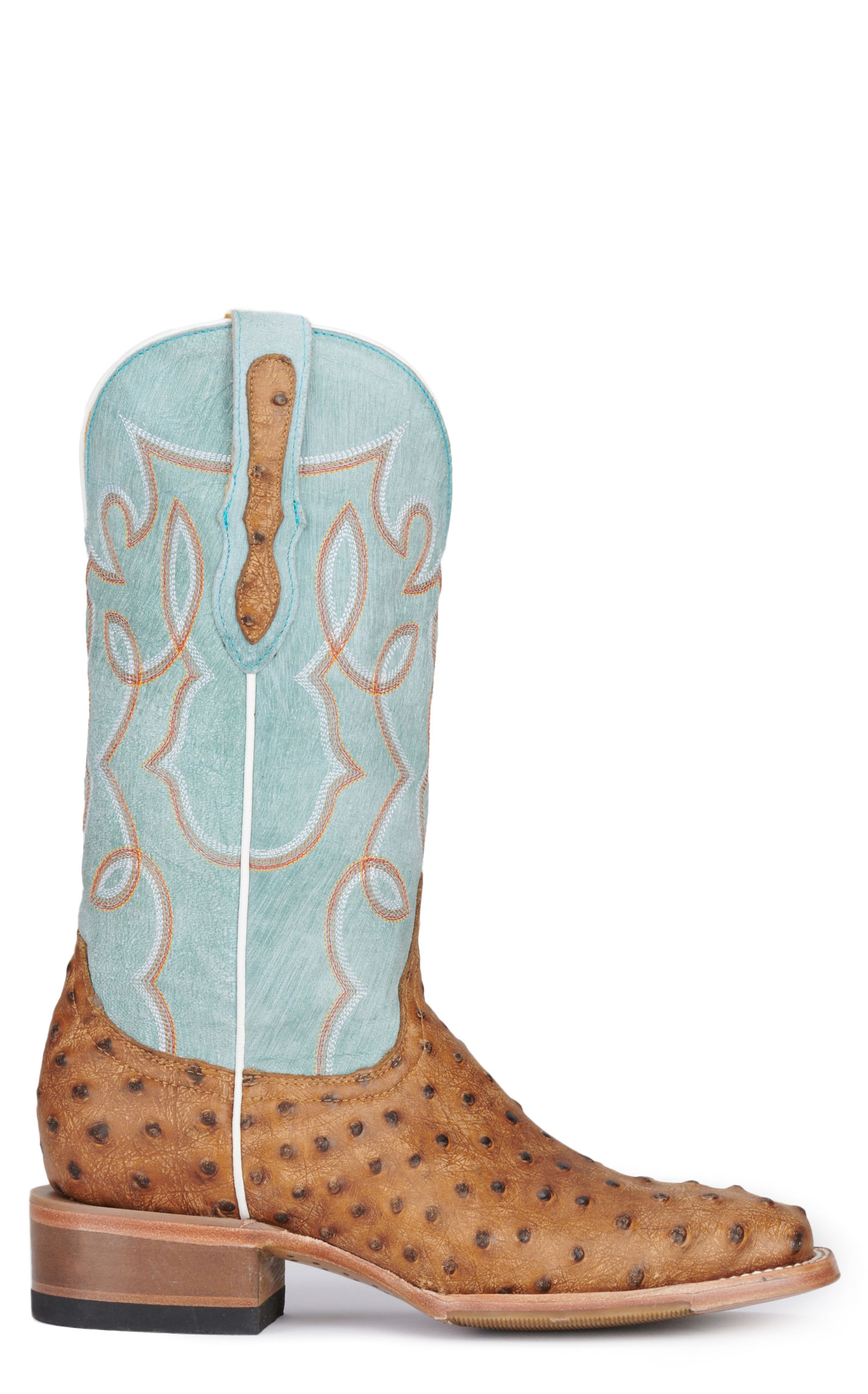 Cavender's Women's Sky Blue and Tan Ostrich Print Wide Square Toe Cowboy Boots - Image 1