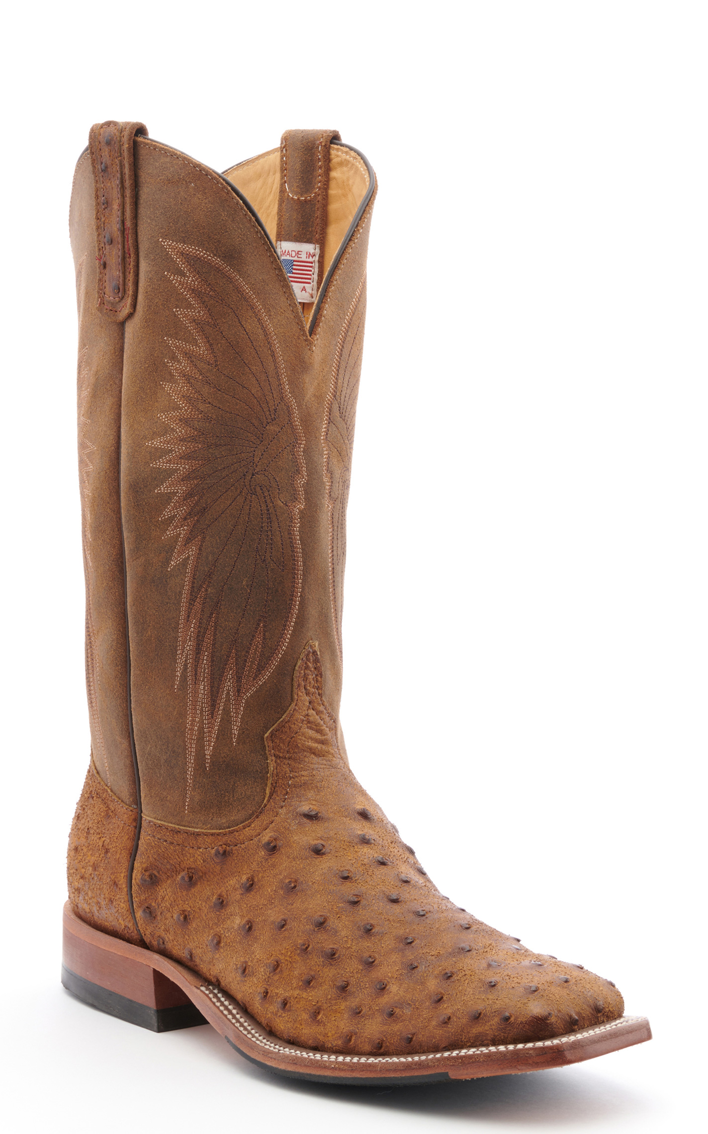 Anderson Bean Men's Tan Full Quill Ostrich with Black Hybrid Sole Square Toe Cowboy Boots - Image 1