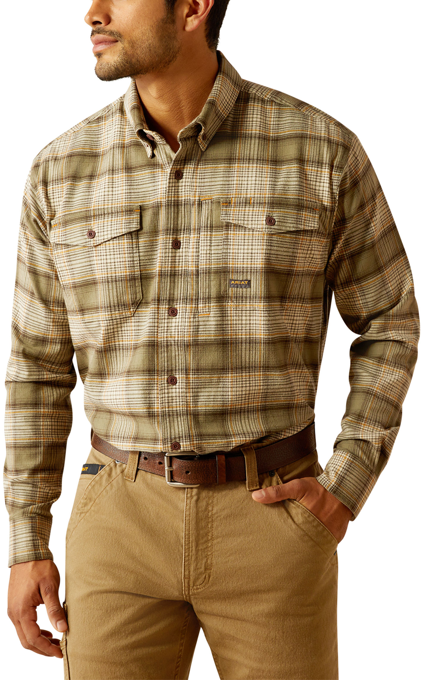 Ariat Men's Rebar Olive & Marigold Plaid DuraStretch Flannel Work Shirt - Image 1