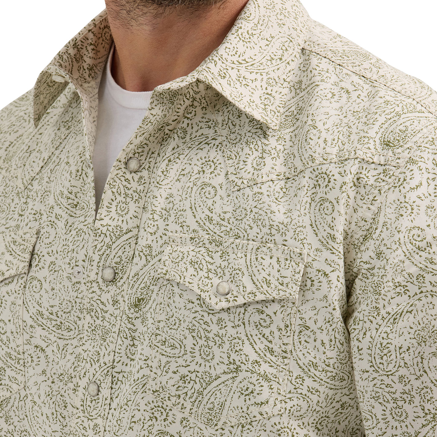 Wrangler Retro Men's Ecru & Olive Paisley Print Long Sleeve Western Shirt - Image 1