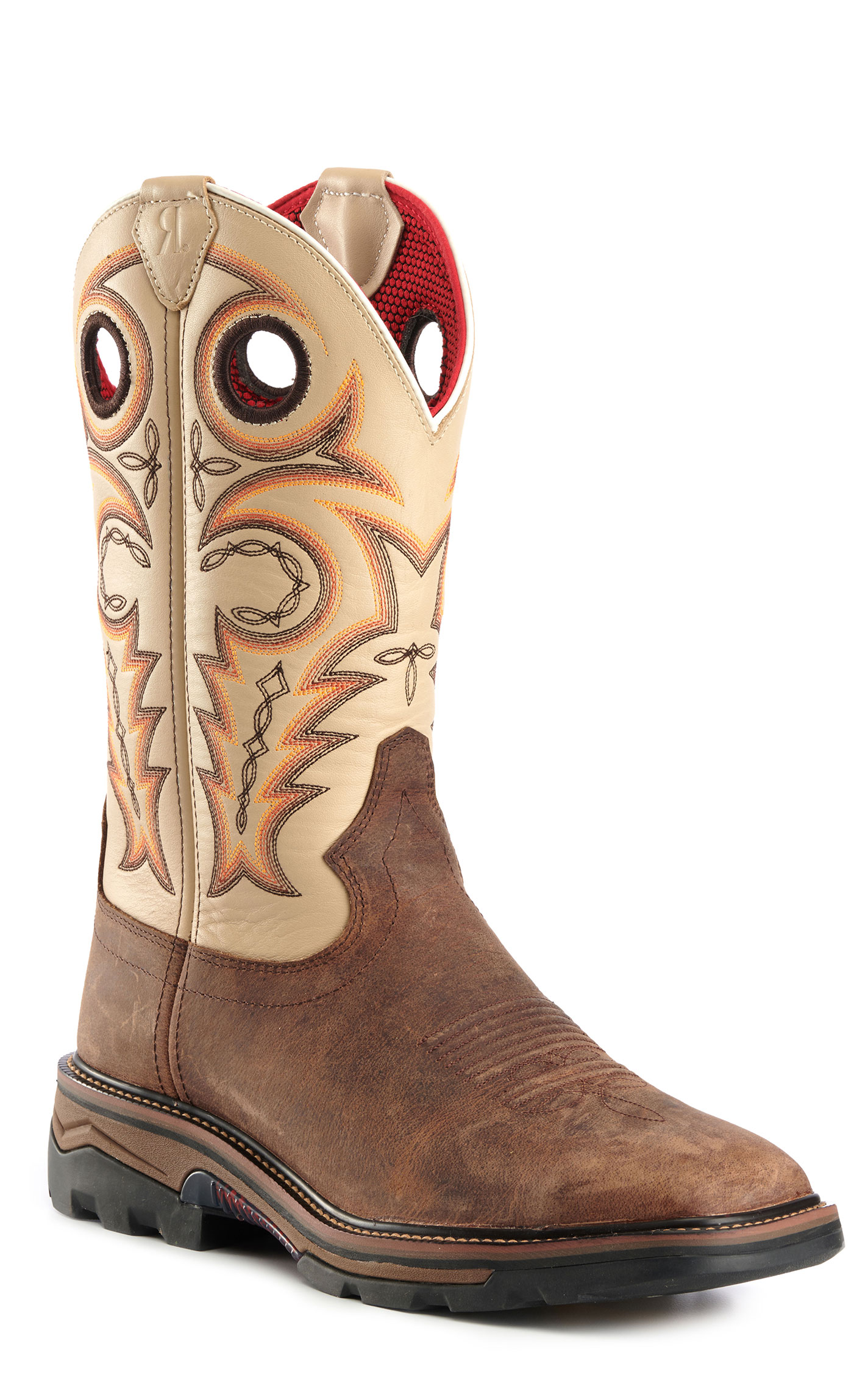 R. Watson Men's Distressed Chestnut and Ivory Bone Square Steel Toe Work Boots - Image 1