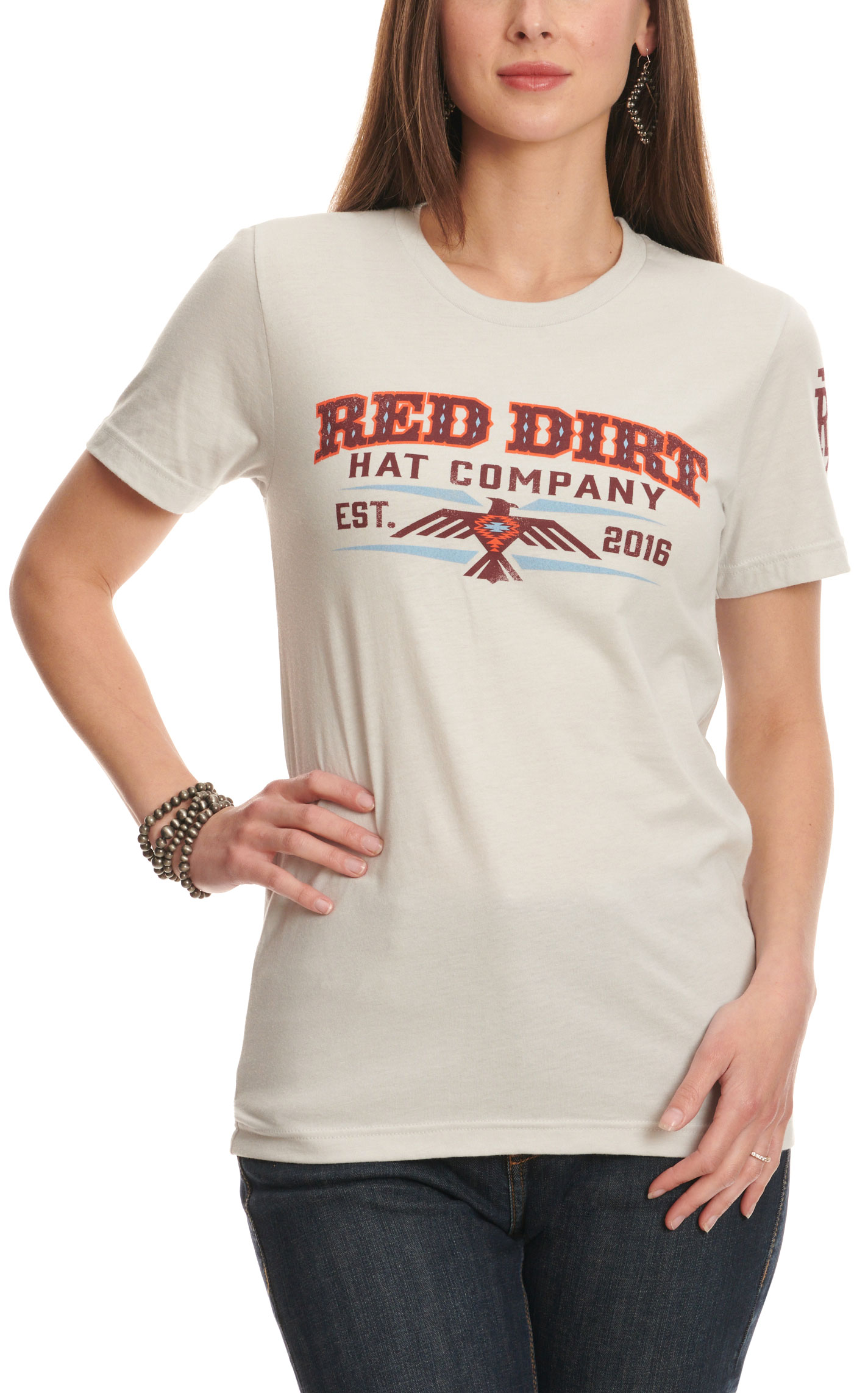 Red Dirt Hat Company Women's Sand & Aztec Thunderbird Logo Graphic T-Shirt - Image 1