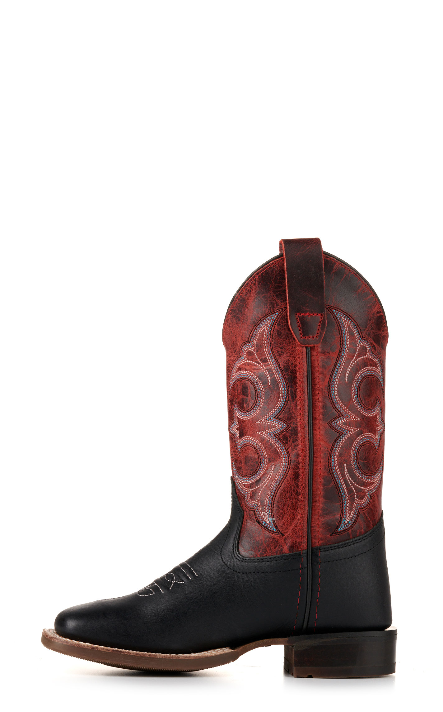Old West Kids Black and Burnt Red Wide Square Toe Cowboy Boots - Image 1