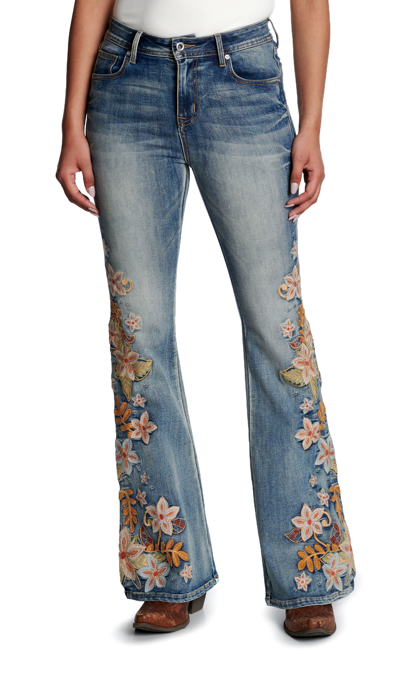 Grace In LA Women's Medium Blue Flare Cut Floral Embroidered Jeans - Image 1