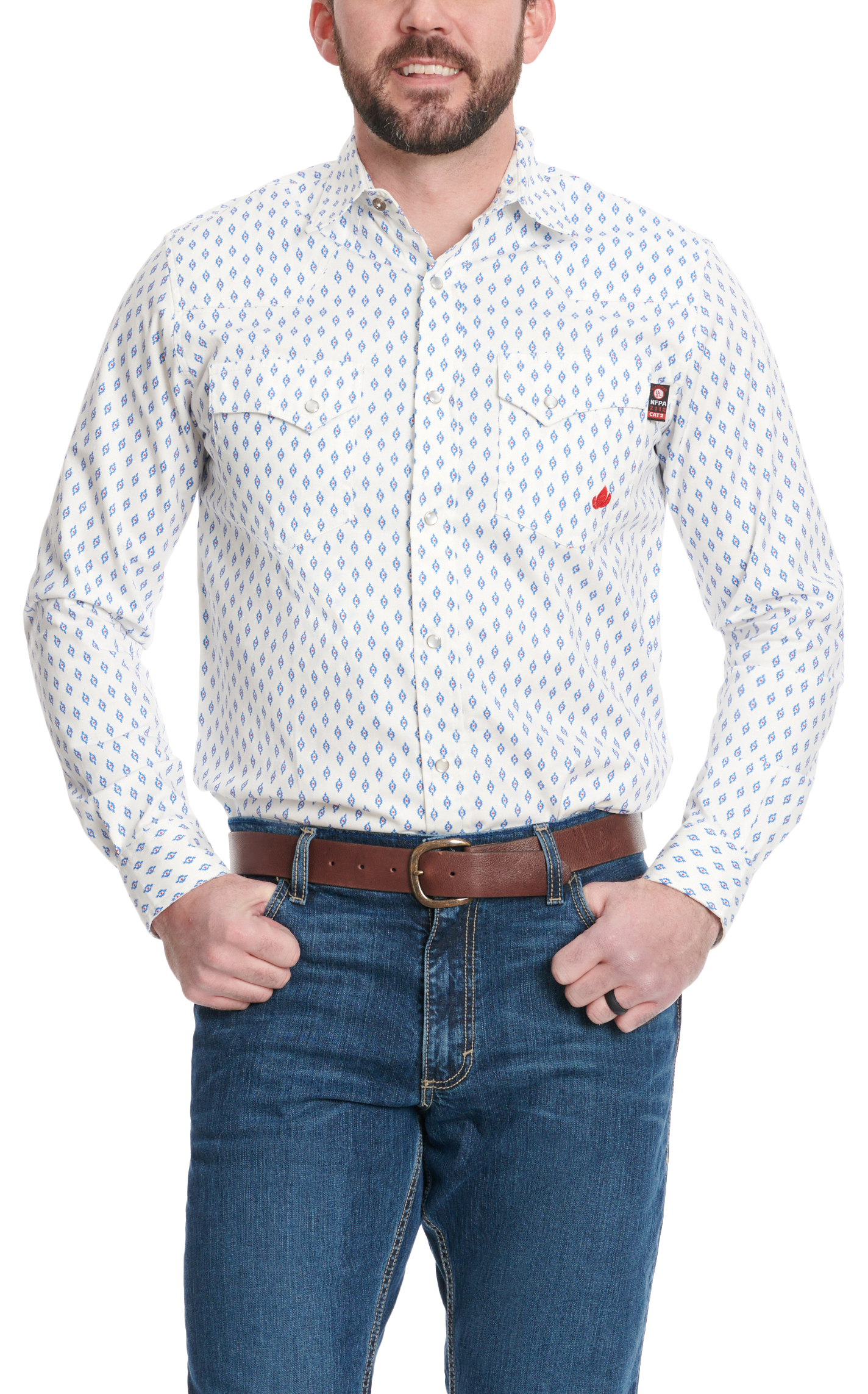 Forge Men's White Red & Blue Aztec Print Long Sleeve FR Work Shirt - Image 1