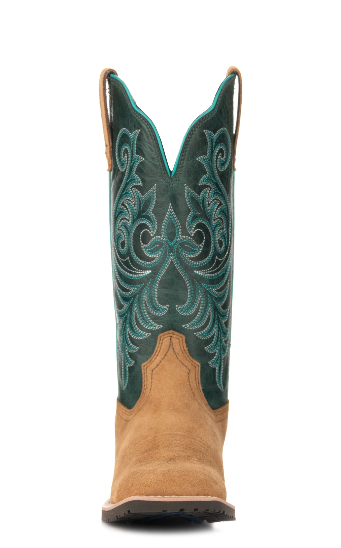 Ariat Women's Hybrid Ranch Time Acorn Tan Roughout and Teal Wide Square Toe Cowboy Boots - Image 1