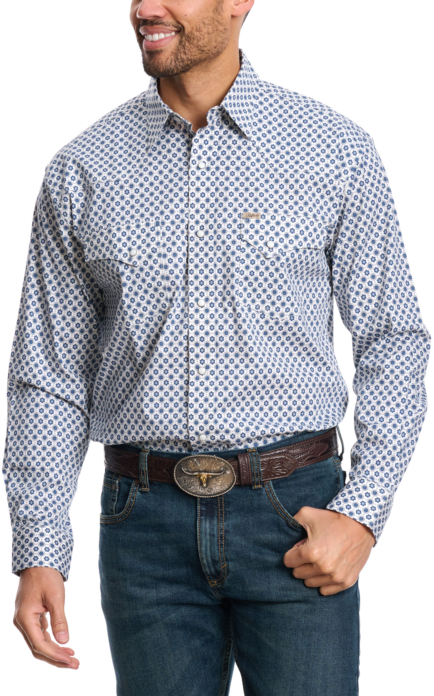 Rafter C Men's ProFlex45 White & Stone Blue Geo Western Shirt - Image 1