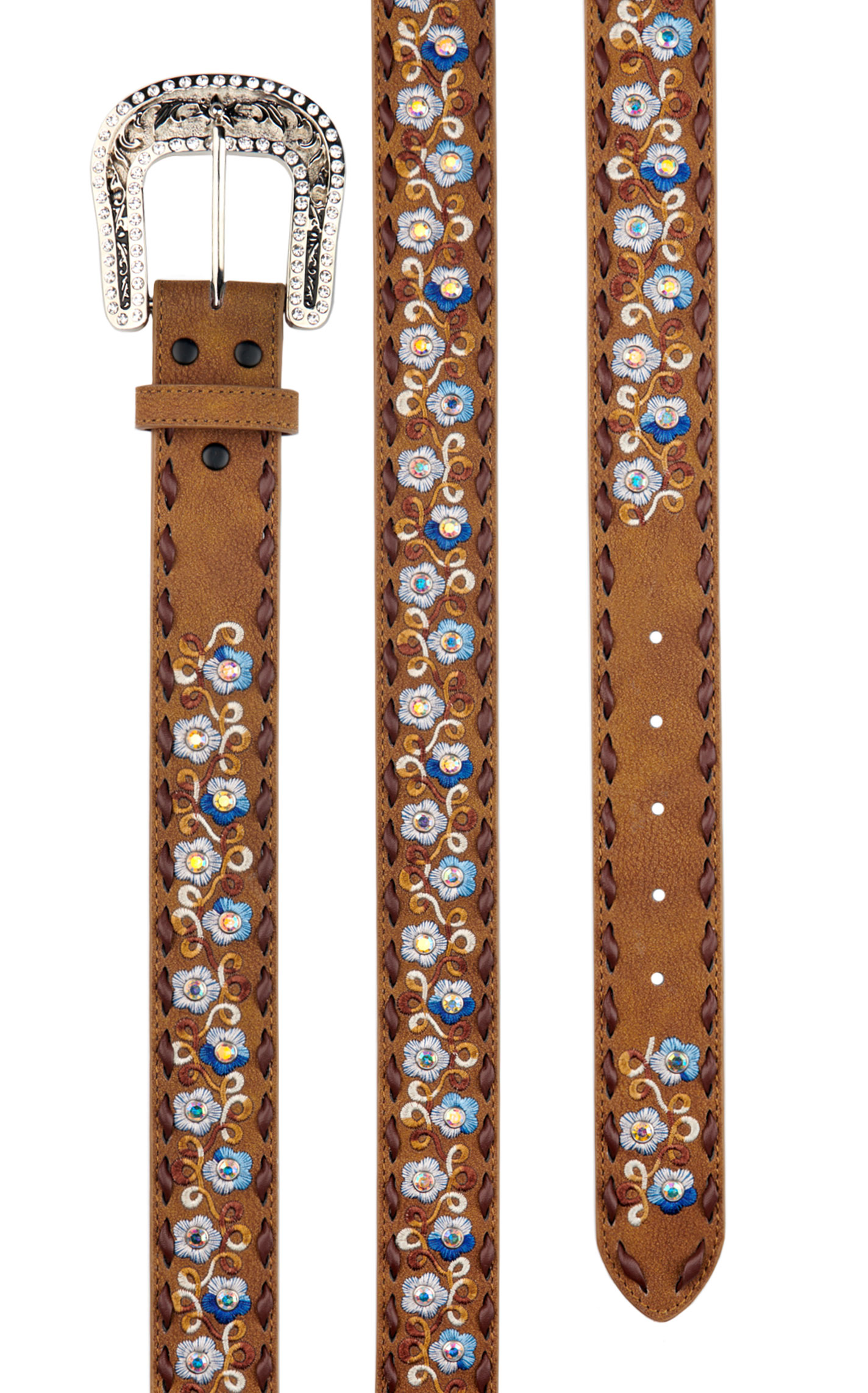Angel Ranch Coffee Leather & Embroidered Blue Flowers & Bling Western Belt - Image 1