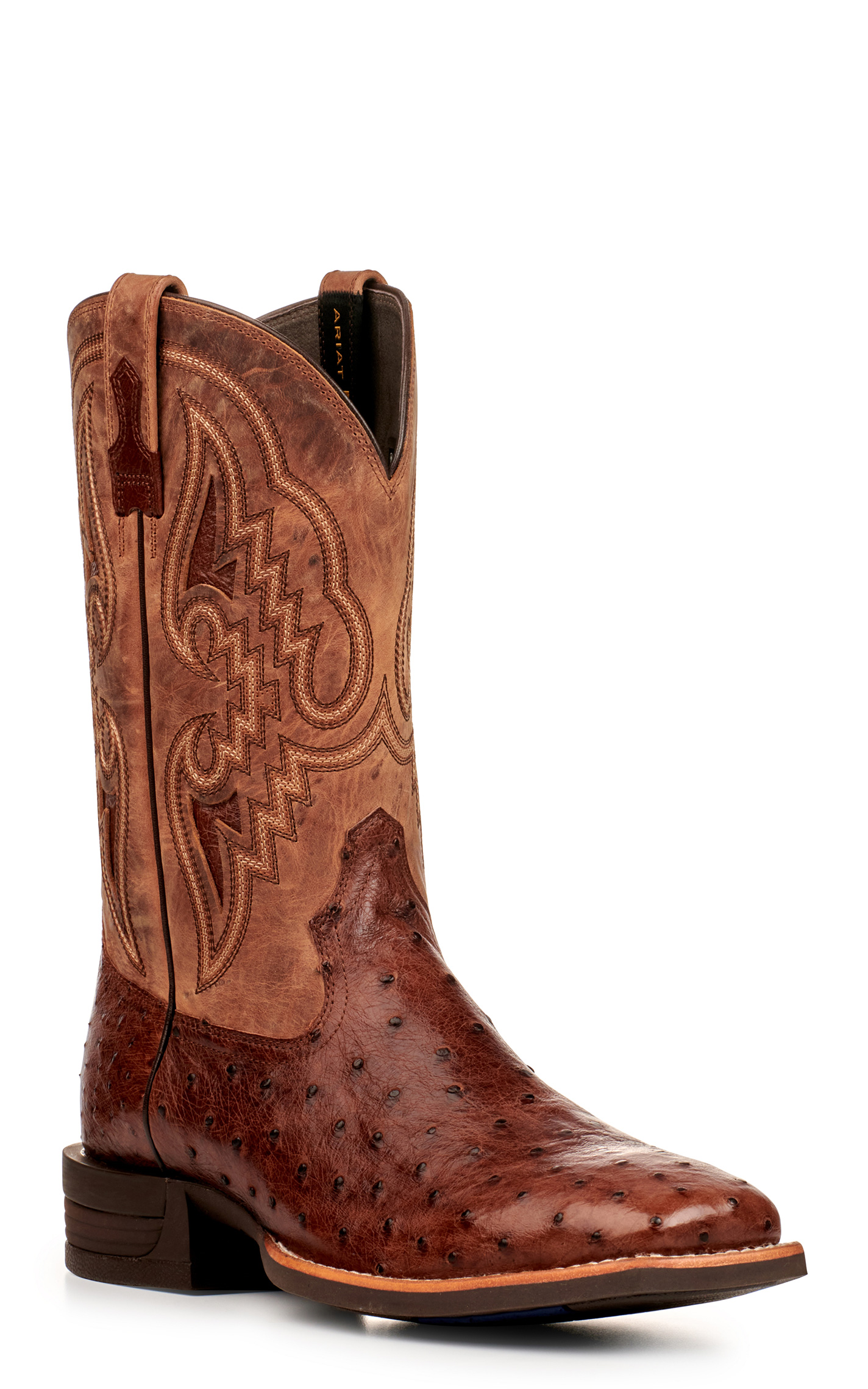 Ariat Men's Dagger Tan and Dark Tabac Full Quill Ostrich Shock Shield Wide Square Toe Exotic Cowboy Boots - Image 1