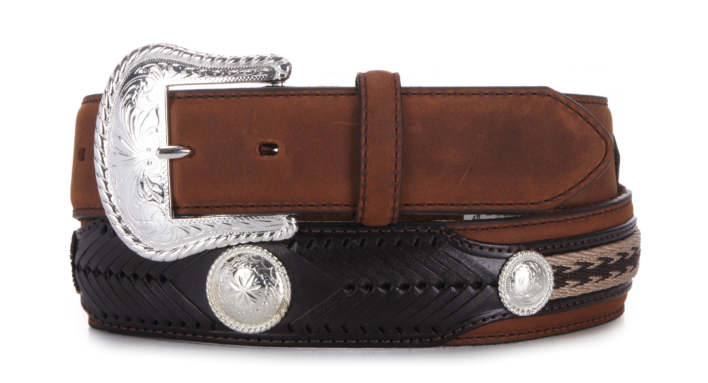 Tony Lama Men's The Duke Brown and Black with Embroidery and Conchos Western Belt - Image 1