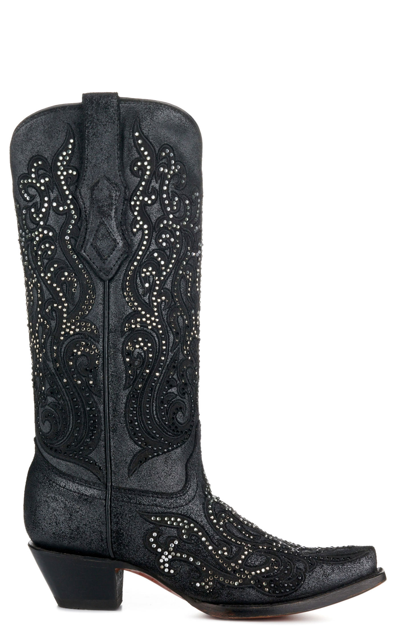 Corral Women's Black with Embroidery & Crystals Snip Toe Cowboy Boots - Image 1