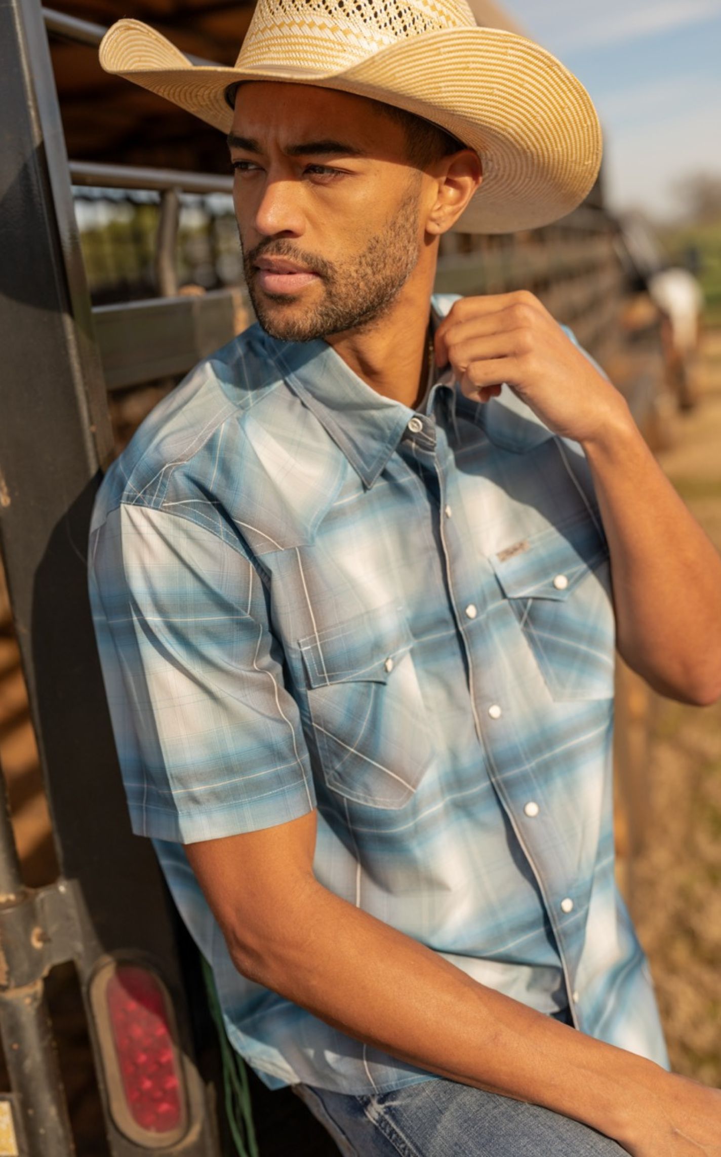 Rafter C Outdoors Men's Turquoise Plaid Short Sleeve Fishing Shirt - Image 1
