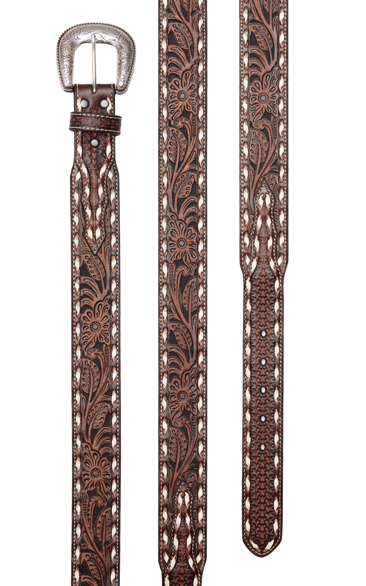 Ariat Men's Brown Floral Tooling and White Lacing Tapered Western Belt - Image 1