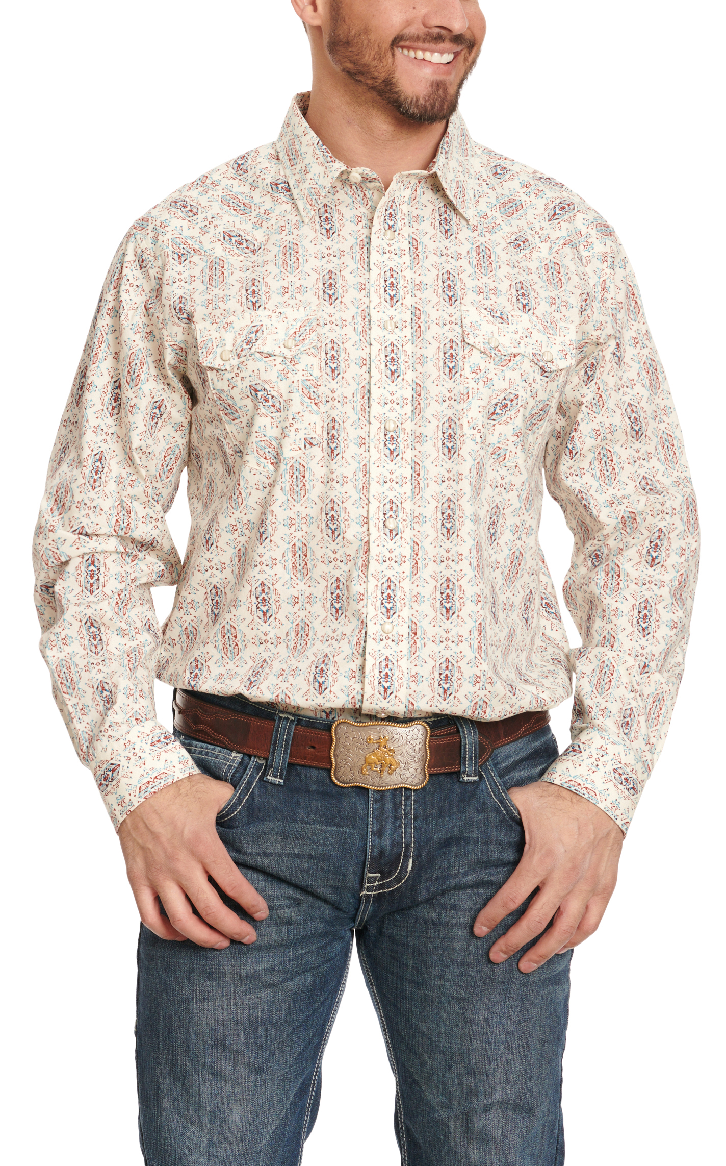 Panhandle Men's Latte Turquoise & Rust Aztec Print Long Sleeve Western Shirt - Image 1