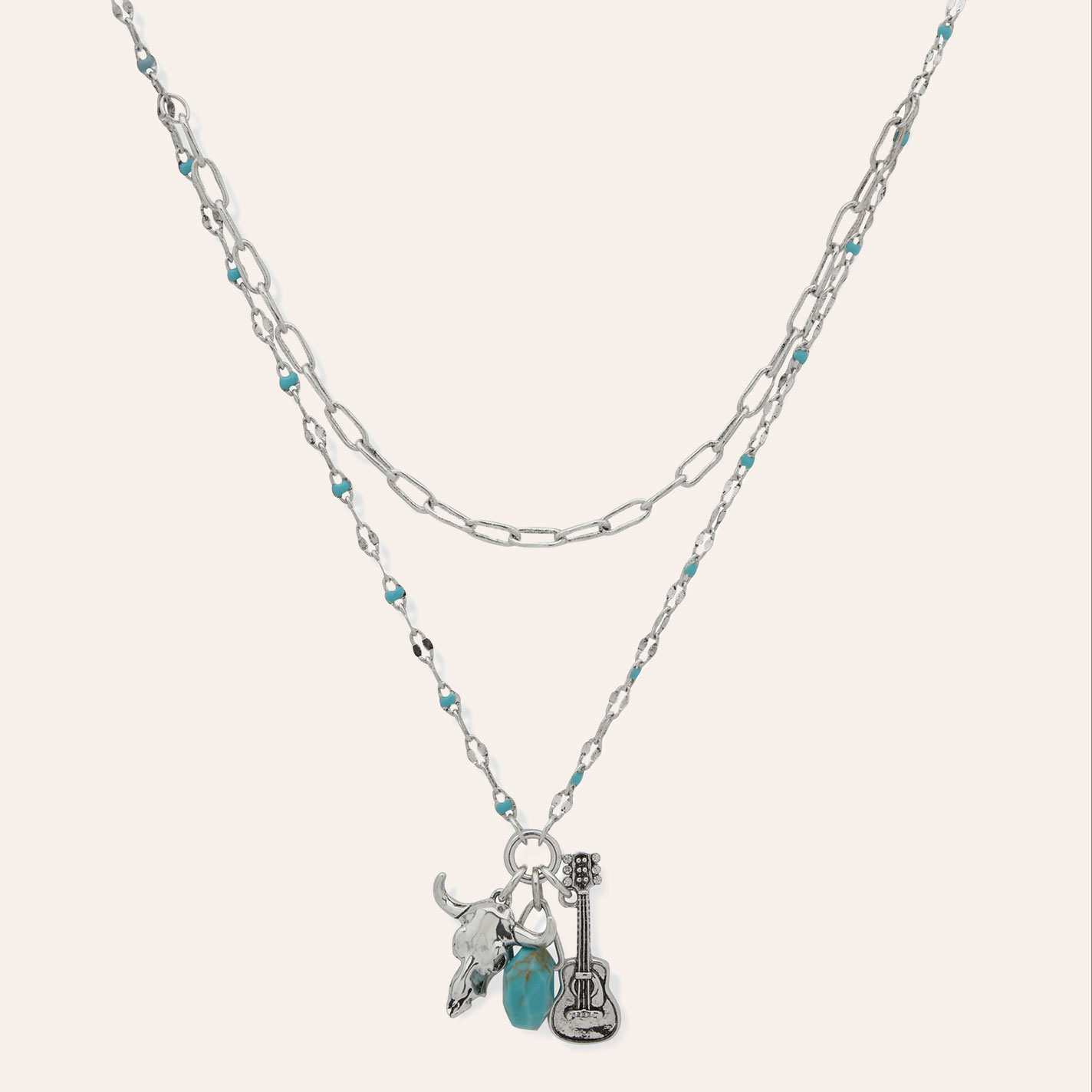 Lainey Wilson Silver & Turquoise Guitar Steer Layered Charm Necklace - Image 1