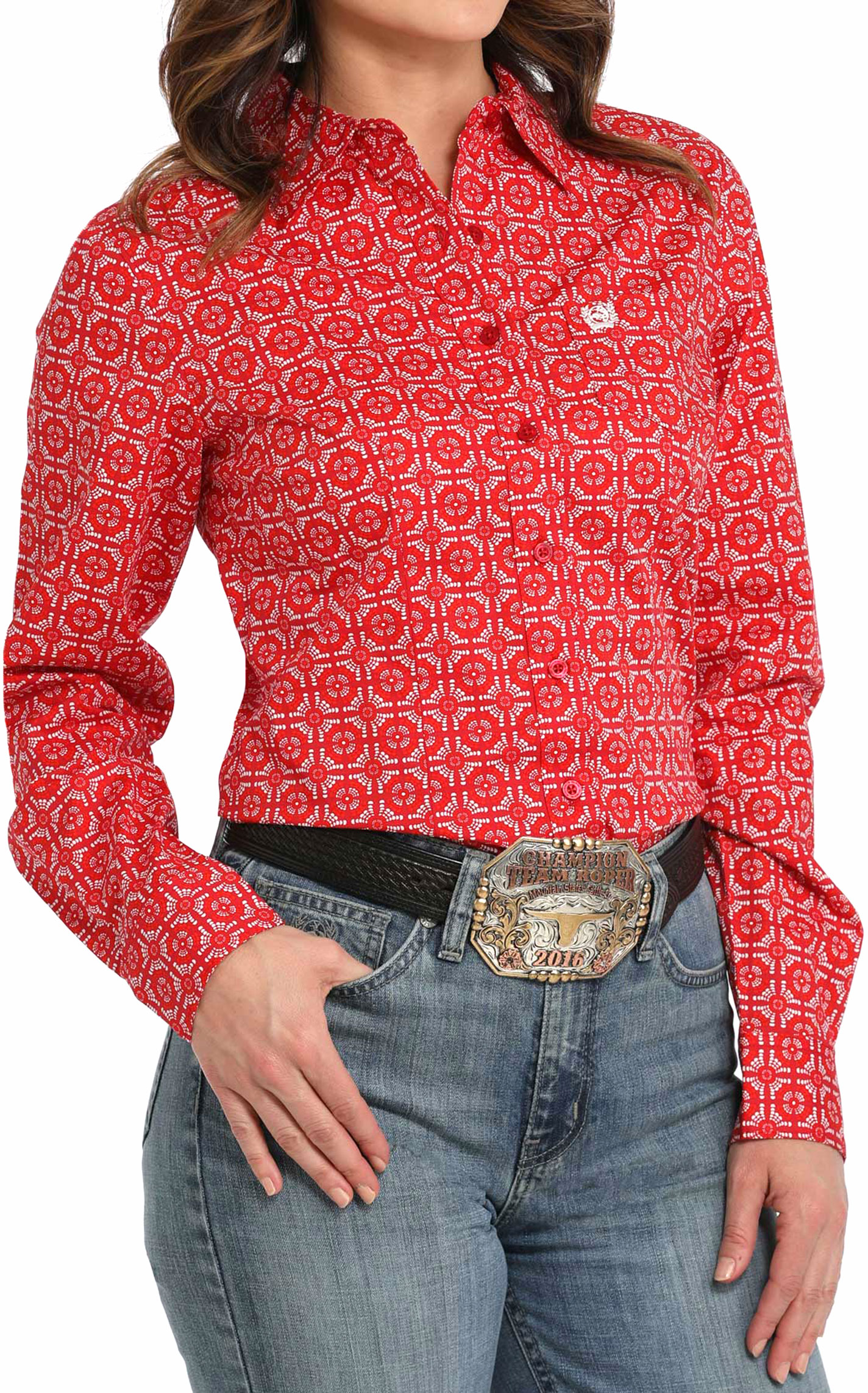 Cinch Women's Red Geo Print Button Down Western Shirt - Image 1