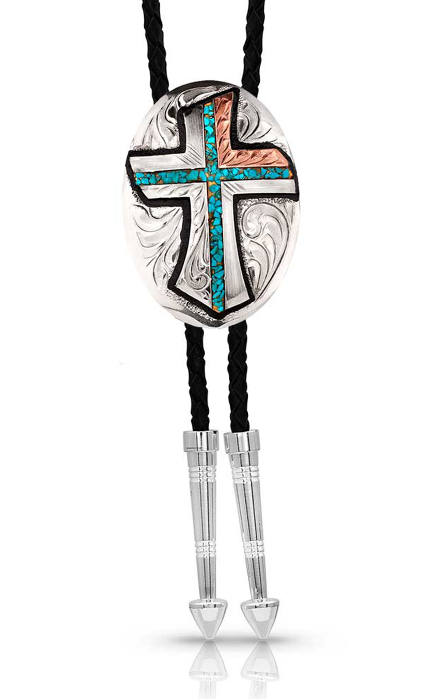 Montana Silversmiths Silver Turquoise & Copper Cross Bolo Tie - Image 1