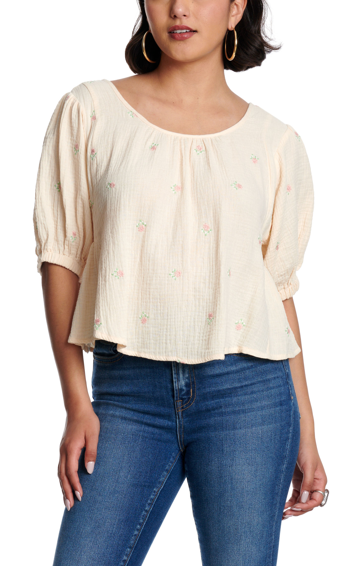 HYFVE Women's Beige Embroidered Elbow Sleeve Top - Image 1