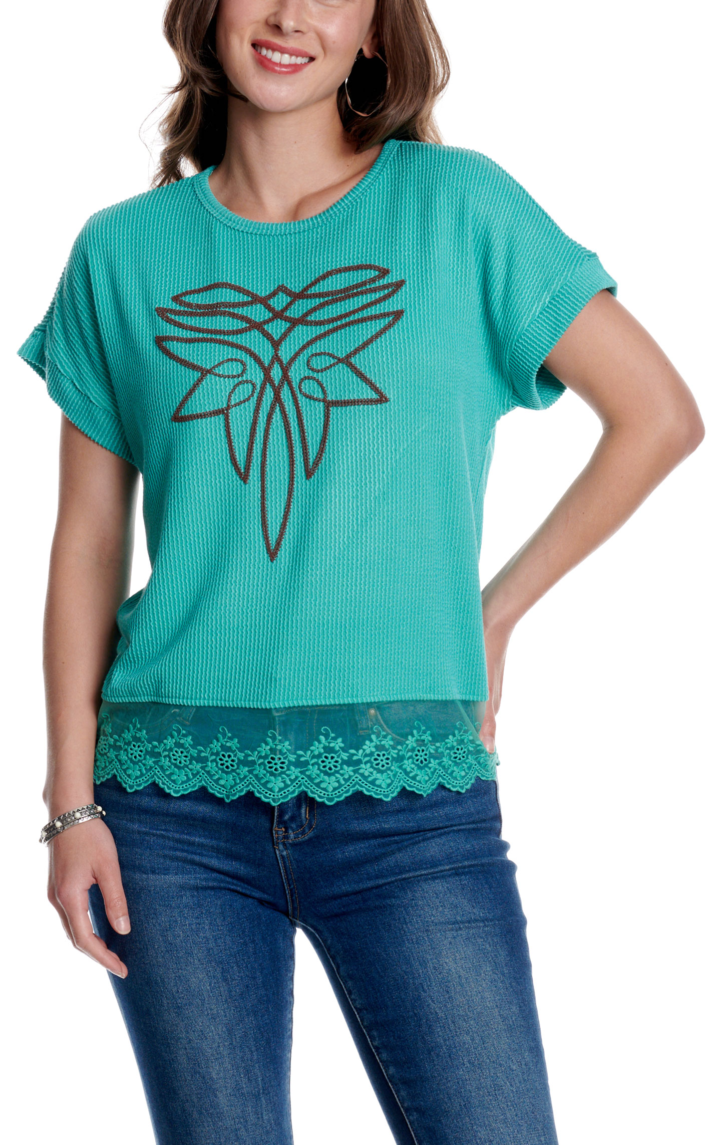 Rockin' C Women's Teal Lace Hem Knit Top - Image 1