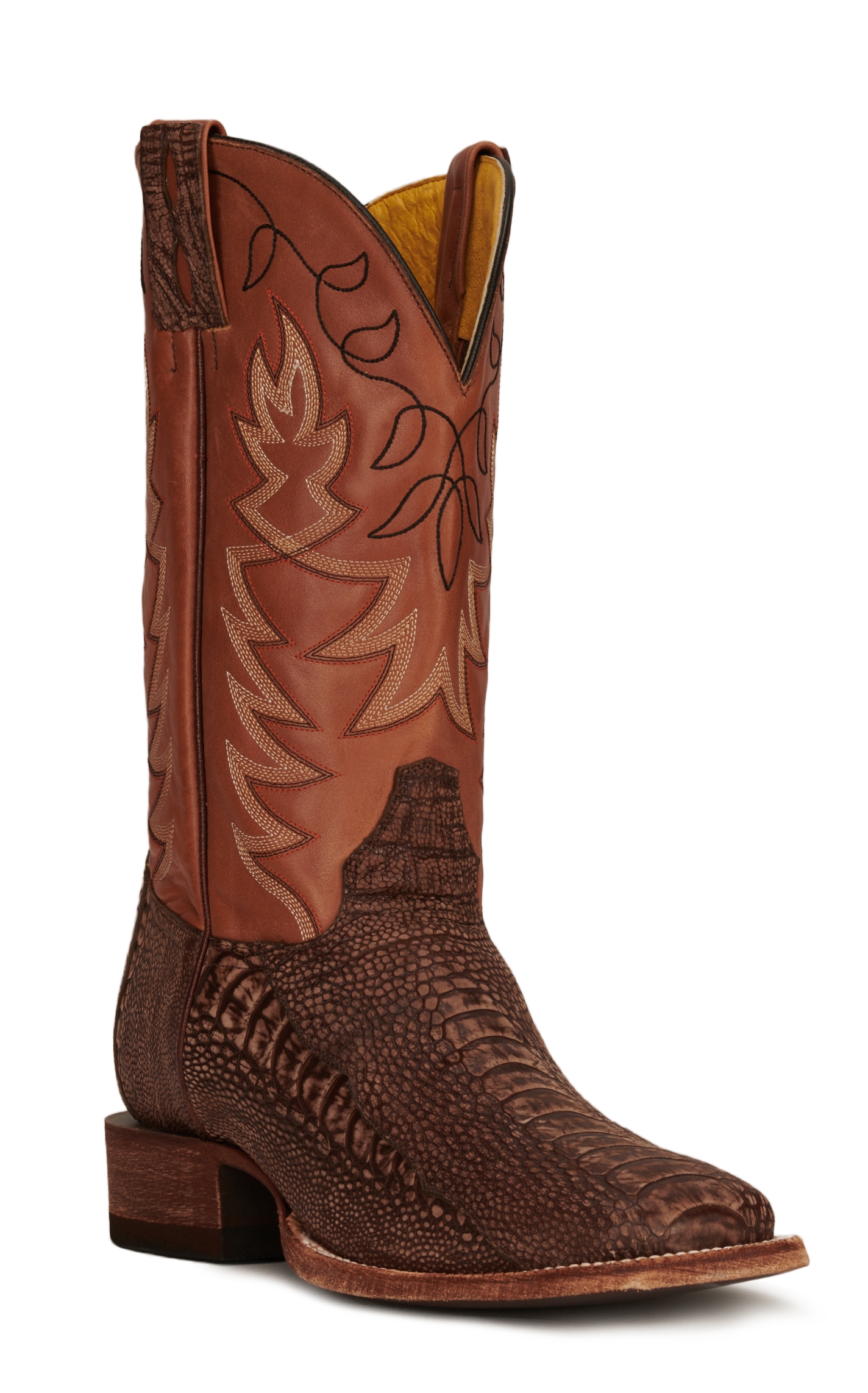Cavender's Men's Old Coffee Ostrich Leg and Cognac Wide Square Toe Exotic Cowboy Boots - Image 1