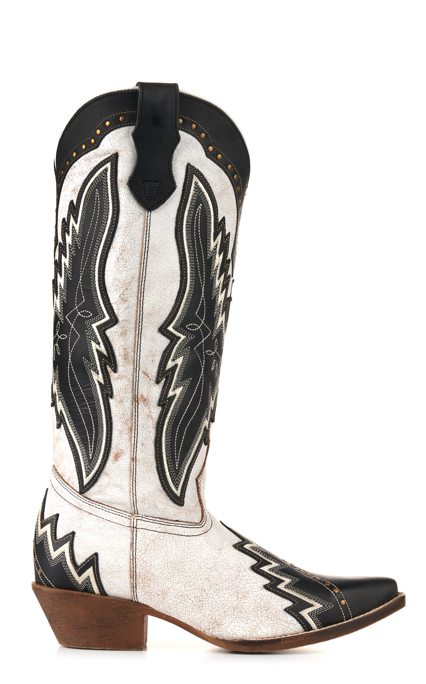 Laredo Women's Shawnee Off White with Black Overlays and Studs Snip Toe Tall Cowboy Boots - Image 1
