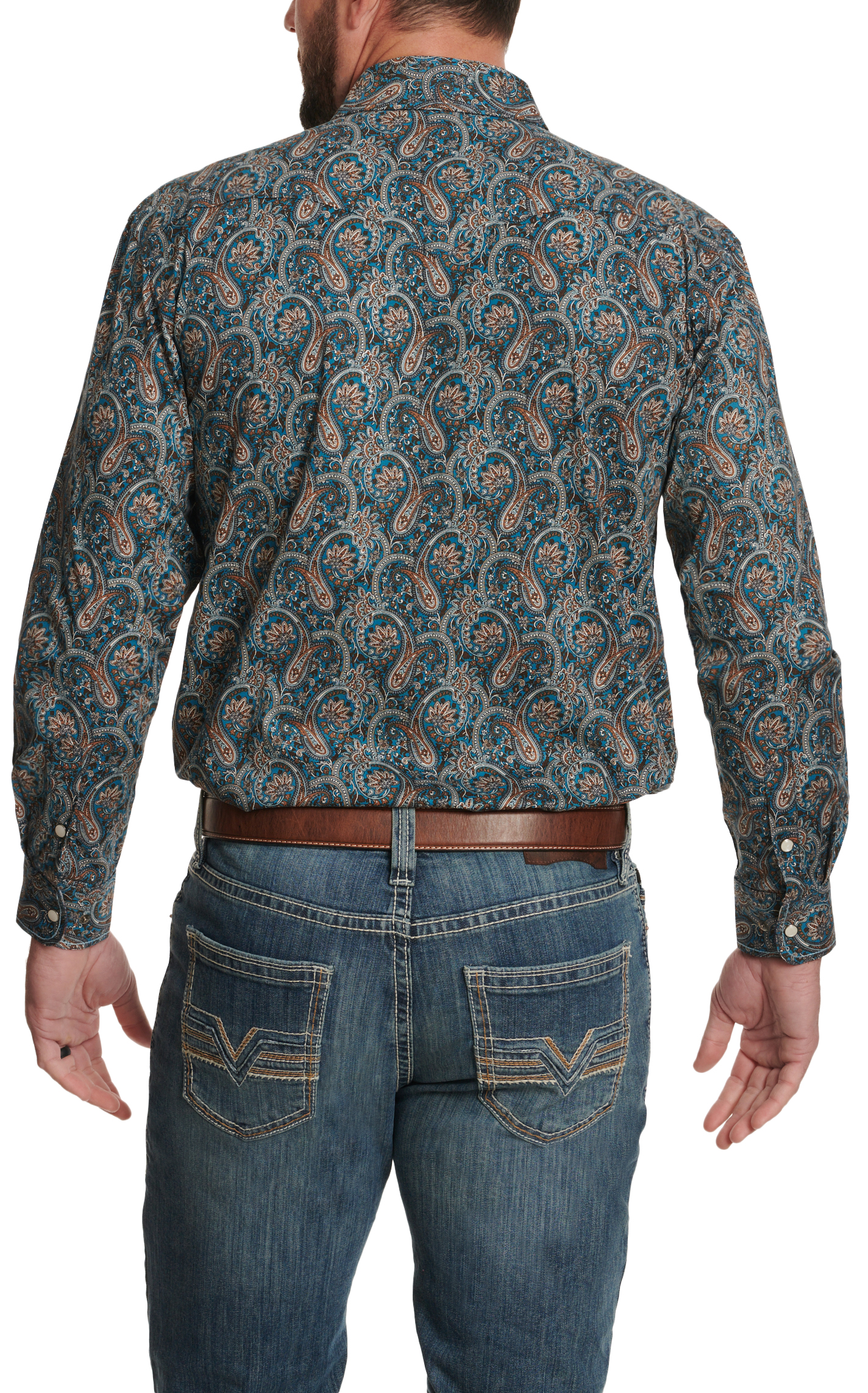 Panhandle Men's Rough Stock Cyan Blue & Caramel Paisley Western Shirt - Image 1