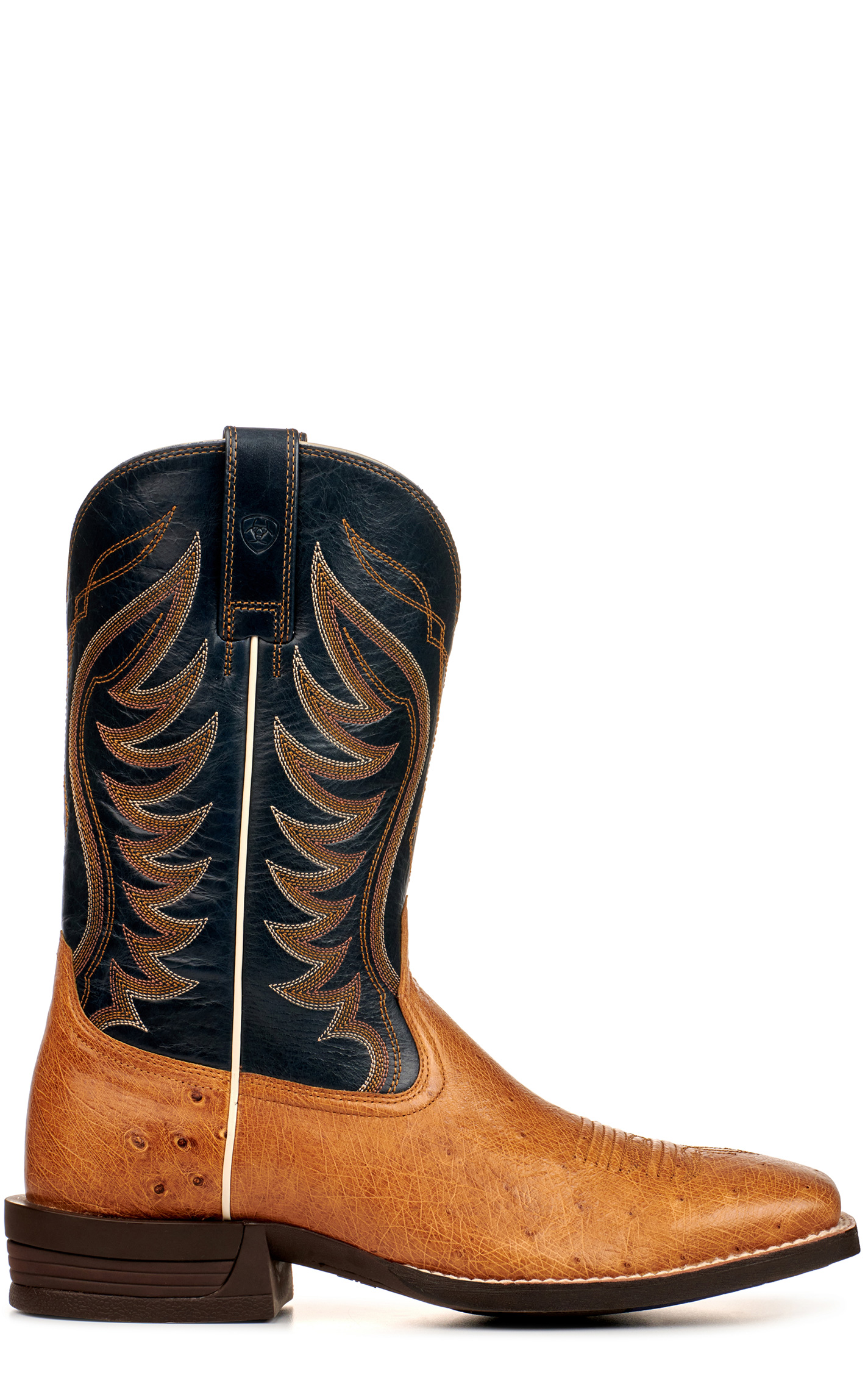 Ariat Men's Reckoning Antique Saddle Brown and Black Smooth Quill Ostrich Shock Shield Wide Square Toe Exotic Cowboy Boot - Image 1