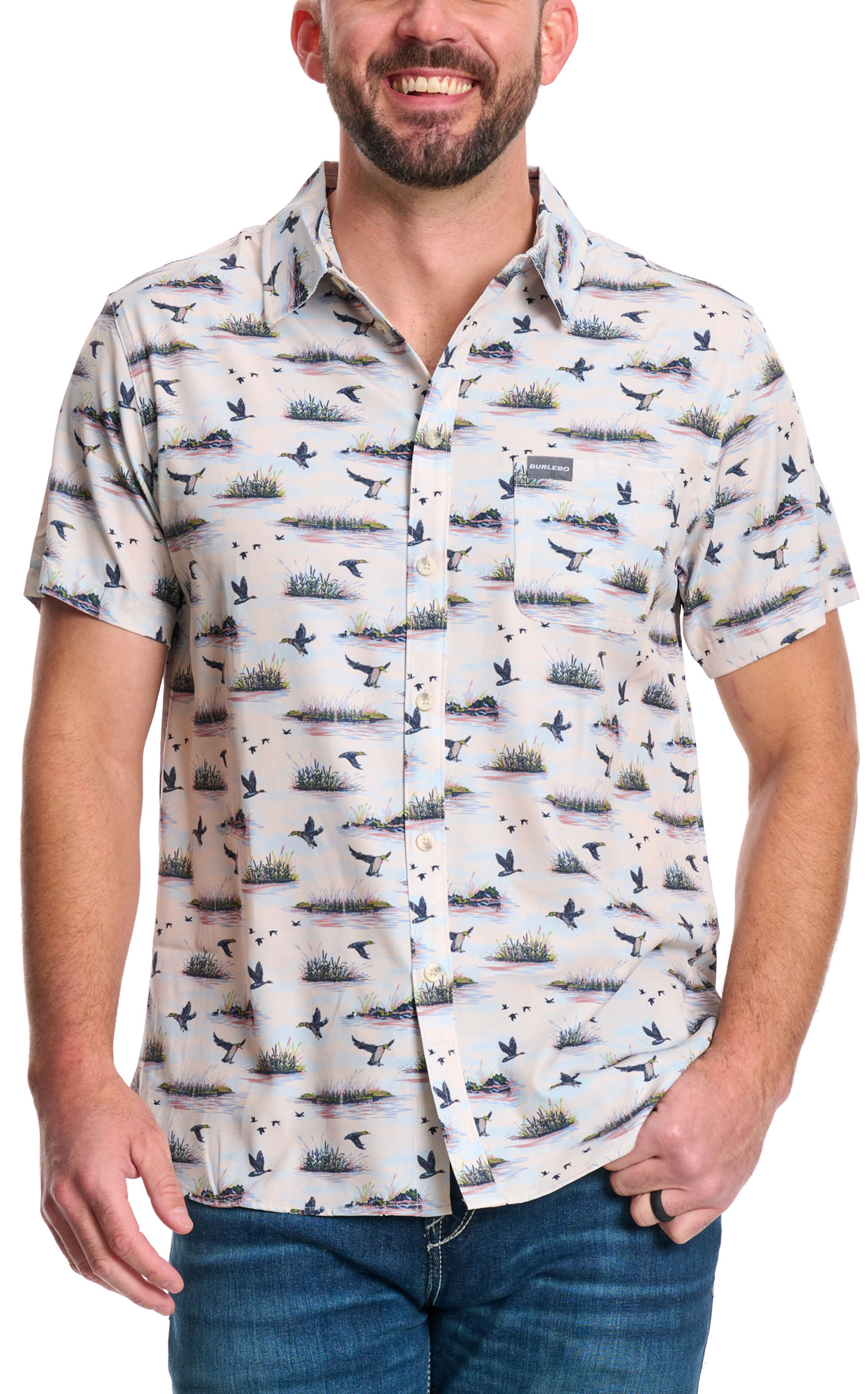 BURLEBO Men's Colorful Duck Hunt Print Performance Shirt - Image 1