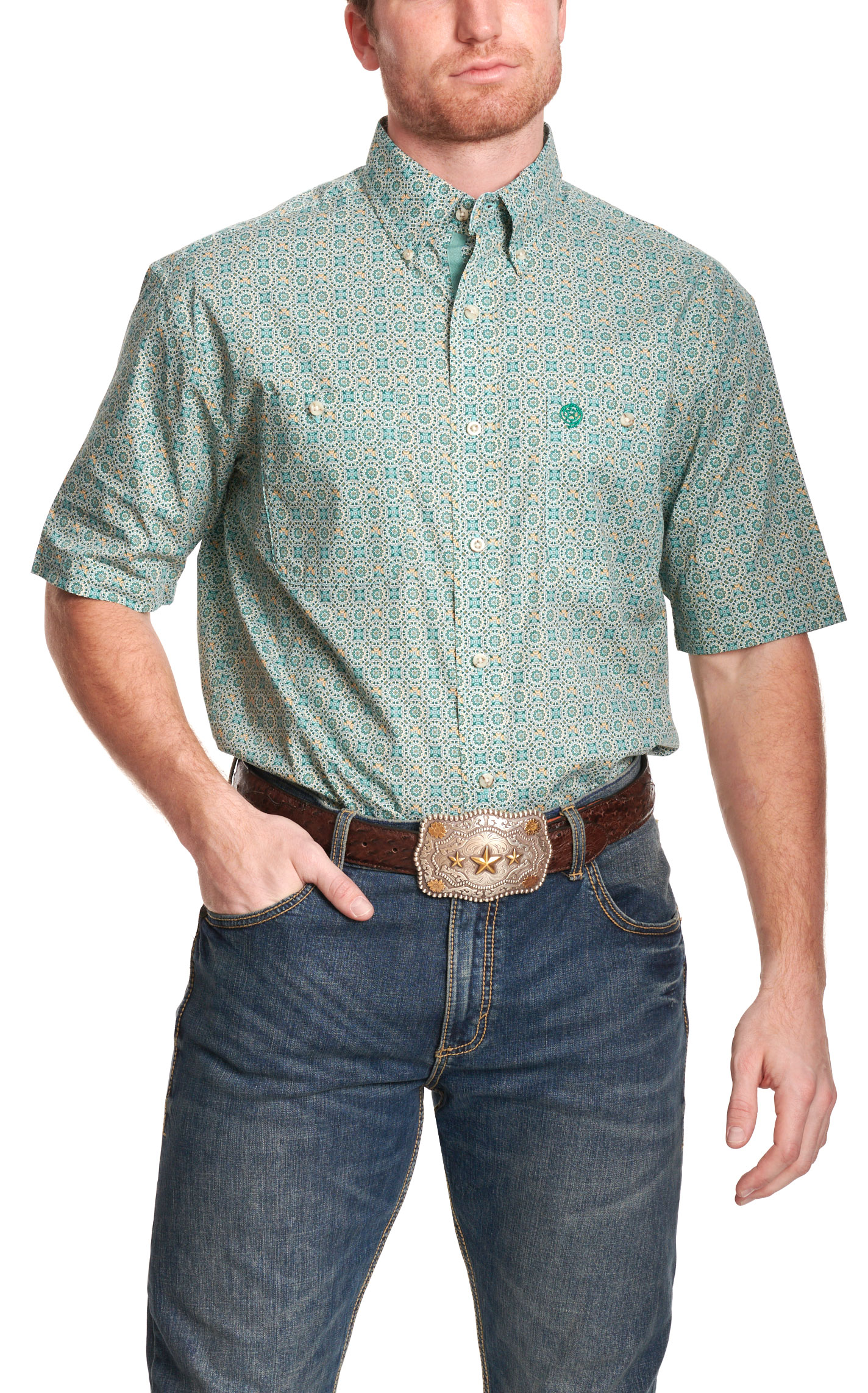 Wrangler Men's George Strait Collection Turquoise Geo Print Western Shirt - Image 1