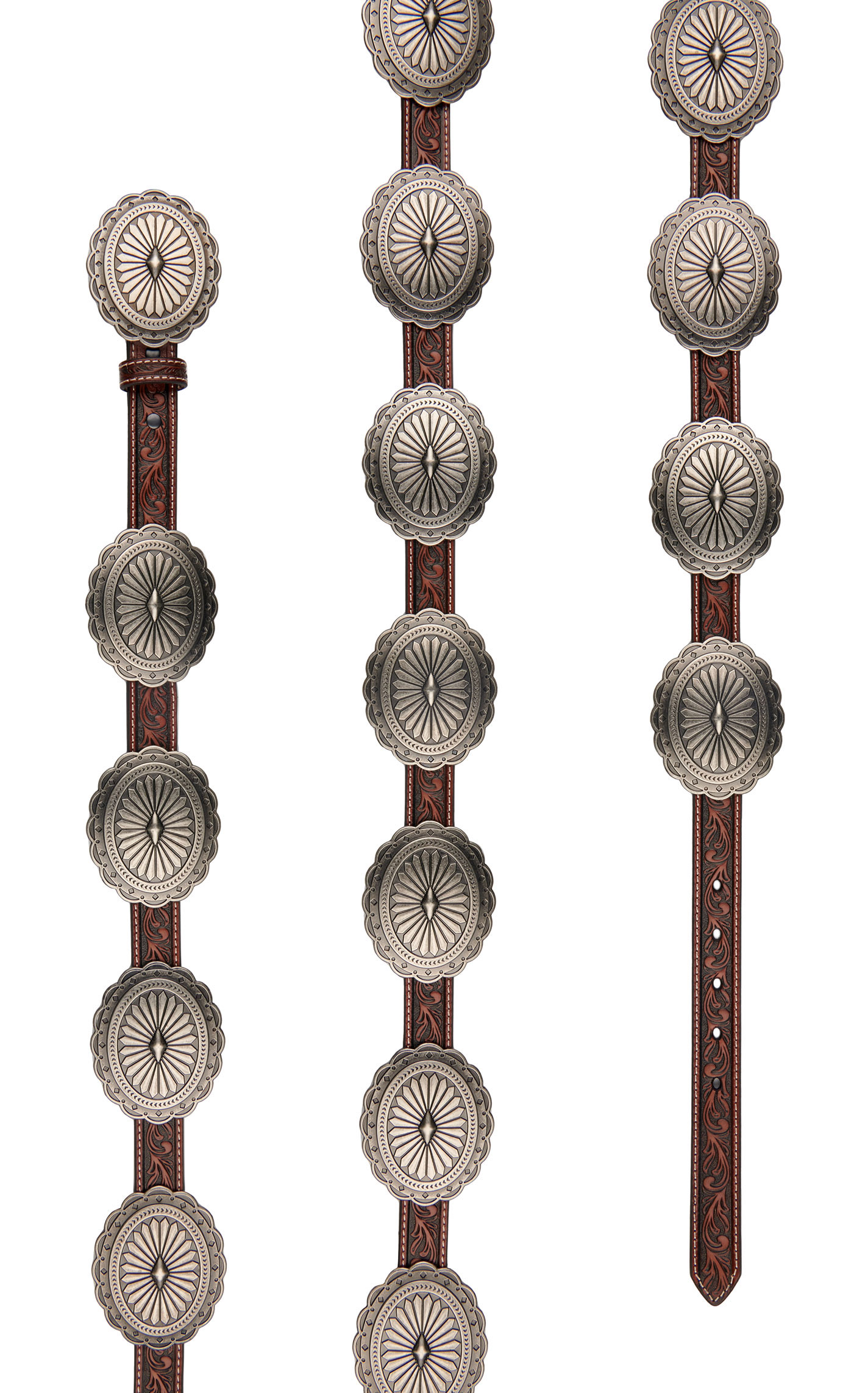 Ariat Women's Brown Tooled with Silver Oval Floral Conchos Belt - Image 1