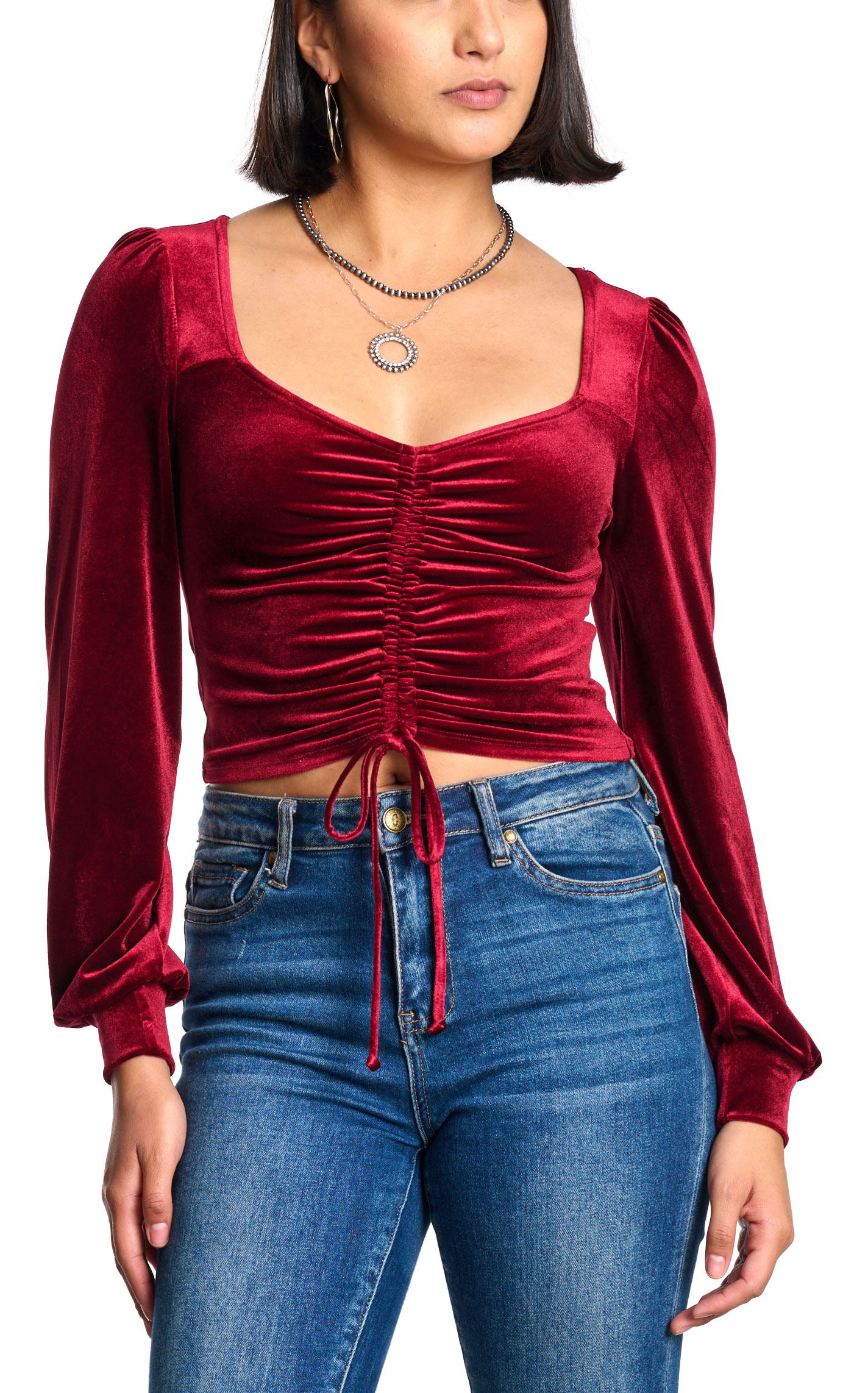 Moa Moa Women's Blood Red Velvet Scrunch Front Cropped Top - Image 1