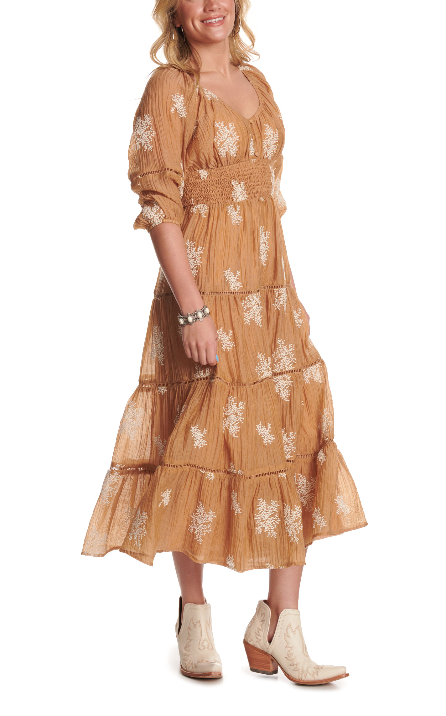 Endless Blu Women's Light Mocha & White Floral Tiered Maxi Dress - Image 1