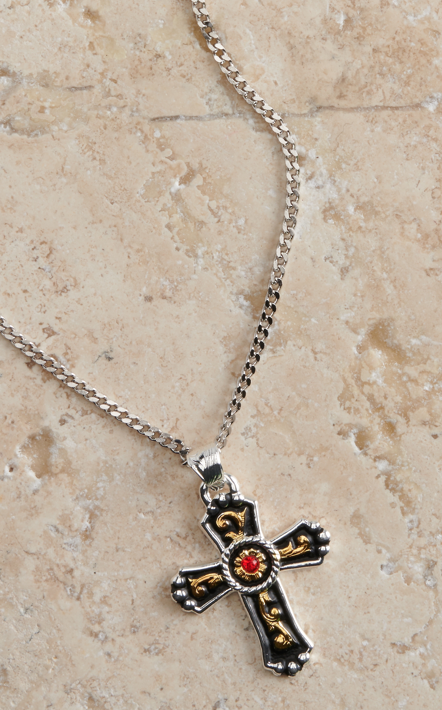 Silver Strike Men's Silver and Gold Cross with Red Stone Accent Pendant Necklace - Image 1