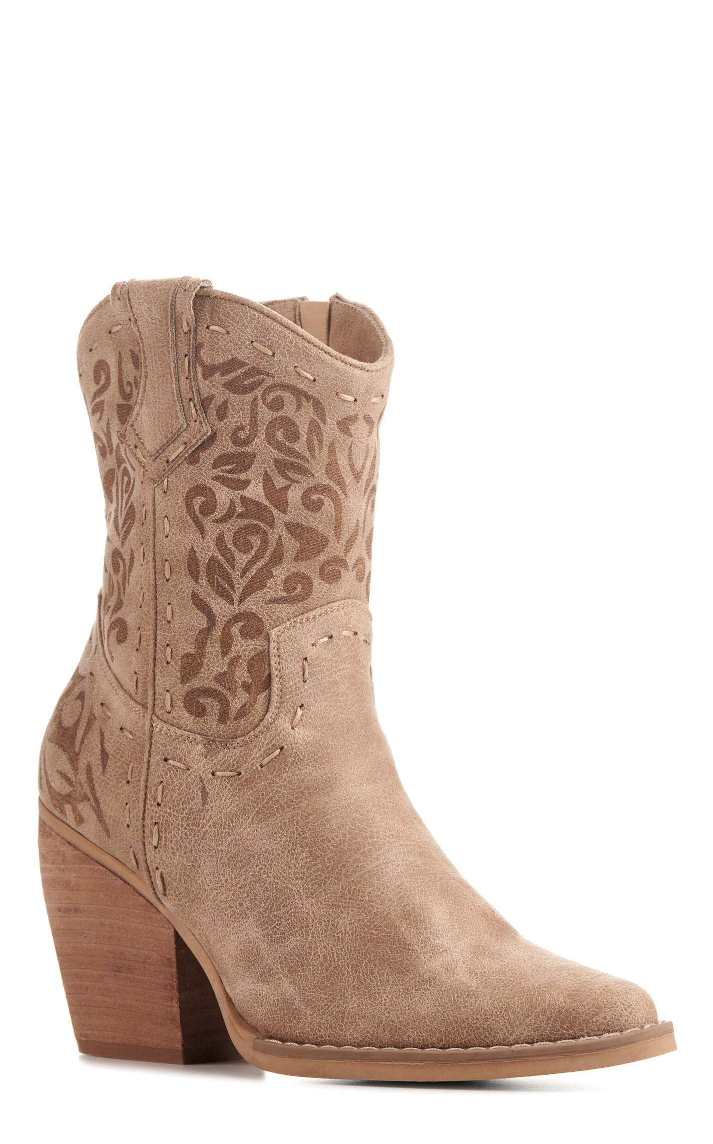 Very G Women's Encinitas Beige with Swirl Etching Faux Leather Snip Toe Booties - Image 1